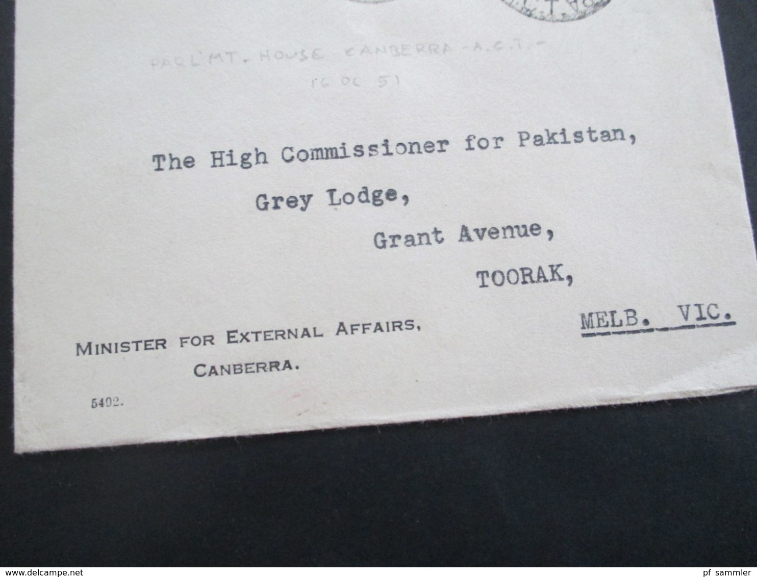 Australien 1951 Air Mail Umschlag Minister For External Affairs Canberra An Commissioner For Parkistan Grey Lodge Toorak - Brieven En Documenten