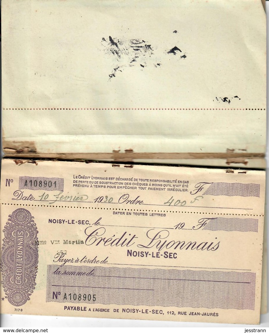 CARNET DE CHEQUES- CREDIT LYONNAIS- AGENCE DE NOISY-LE-SEC- 1930- RESTE 21 CHQ SUR 25- RARE - Chèques & Chèques De Voyage