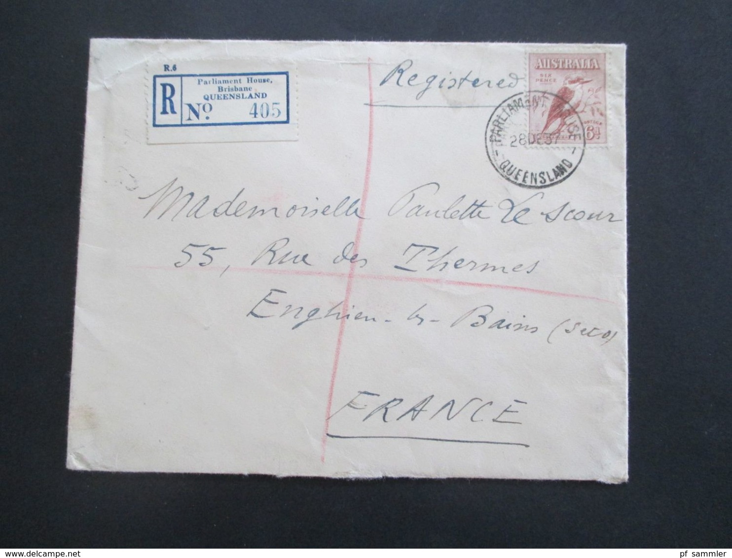 Australien 1937 Einschreiben Parliament House Brisbane Queensland Registered Nach Frankreich Tückseitig 4 Stempel - Briefe U. Dokumente