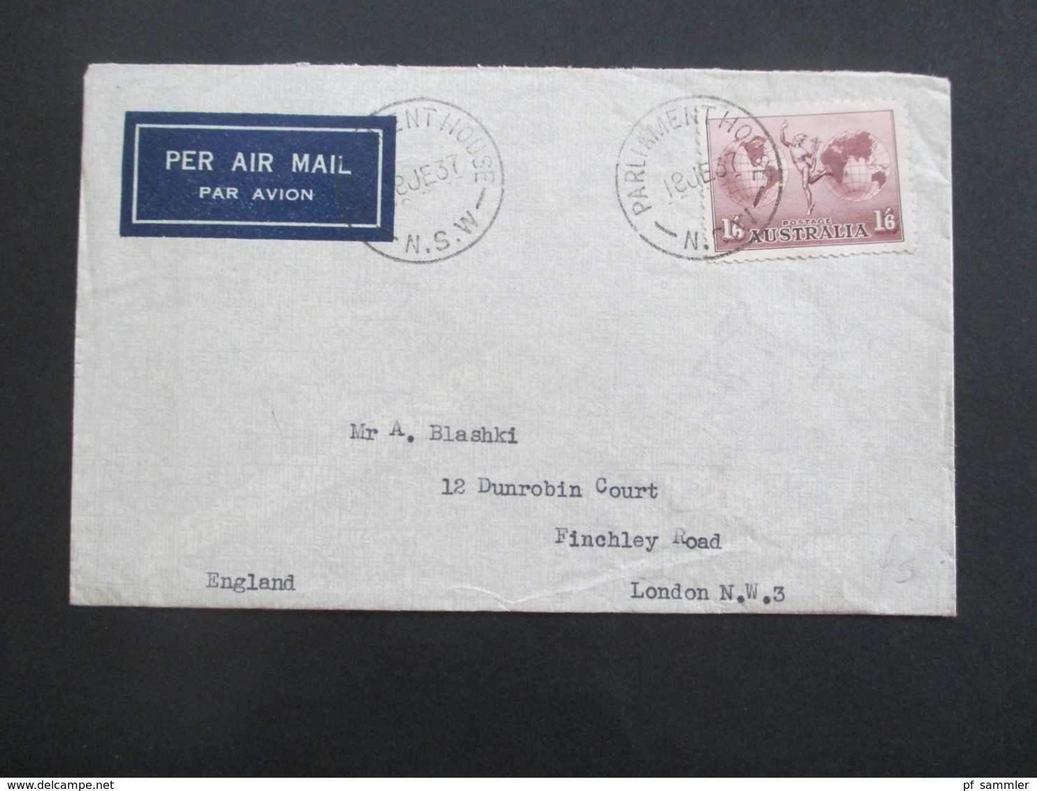Australien 1937 Per Air Mail/ Luftpost  Stempel Parliament House N.S.W. Nach London Gesendet - Cartas & Documentos