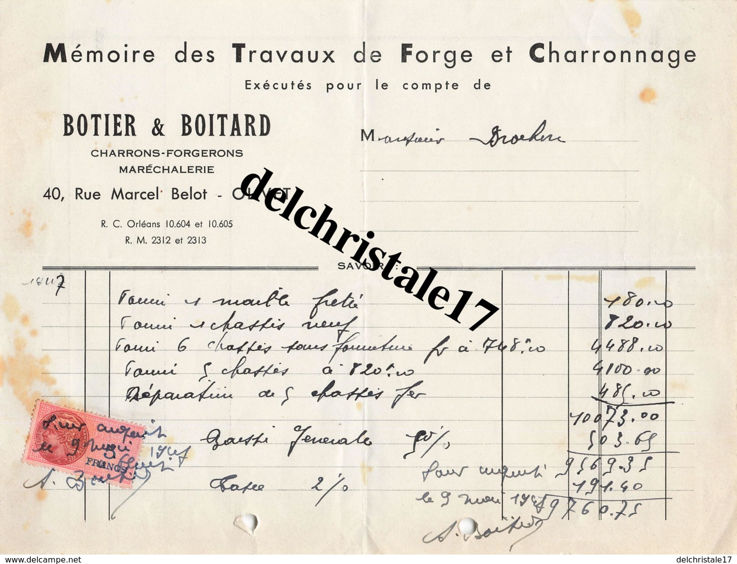 45 0023 OLIVET LOIRET 1947 Travaux De Forge Et Charronnage BOTIER & BOITARD Maréchalerie Rue Marcel BELOT À M. BROCHON - 1900 – 1949