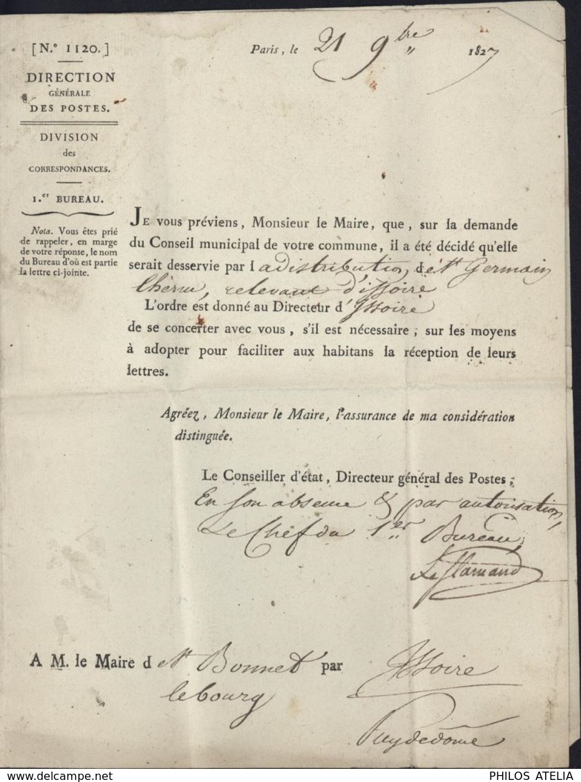 Puy De Dôme Marque " DEB 62 AMBERT " Franchise Pr St Bonnet Le Bourg Par Issoire Lettre Direction Générale Des Postes - 1801-1848: Precursores XIX