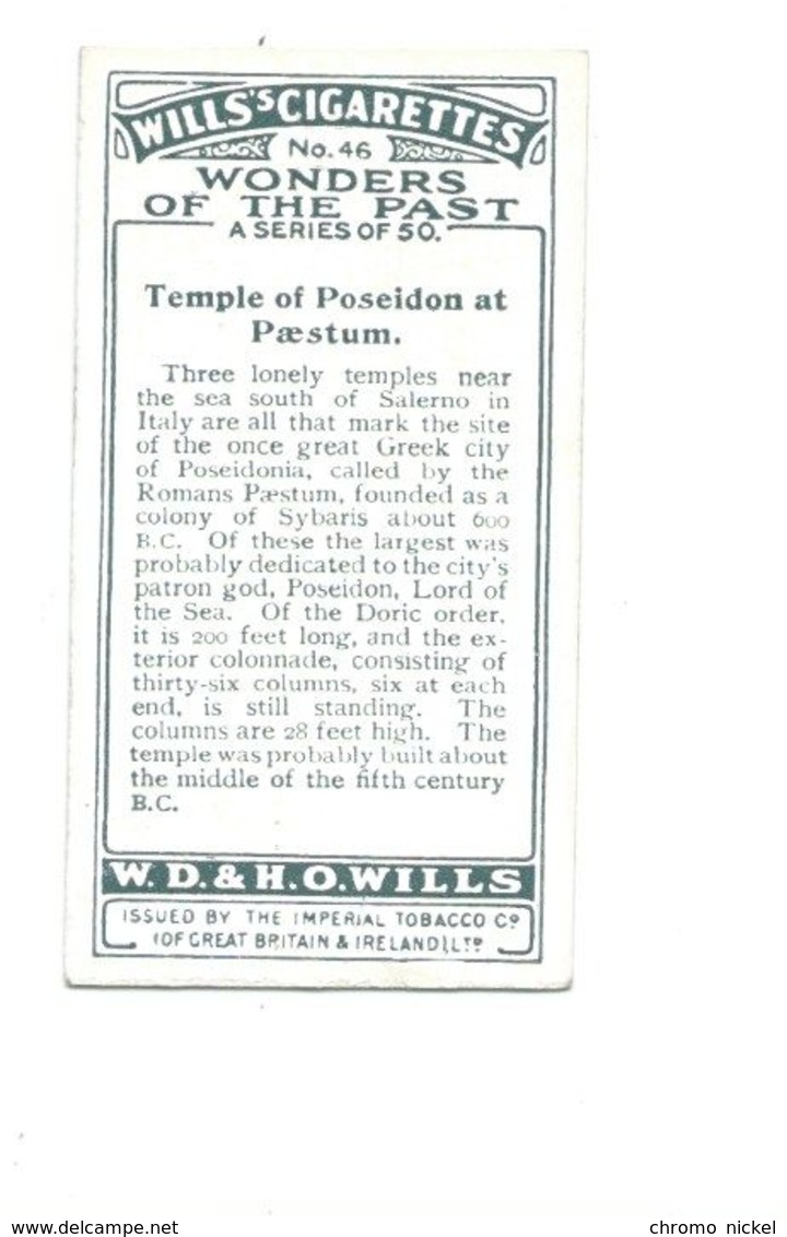 Chromo GRÈCE GREECE Temple De Poséidon Didactique Au Dos 2 Scans 67 X 36 Mm TB Wills's Cigarettes - Wills