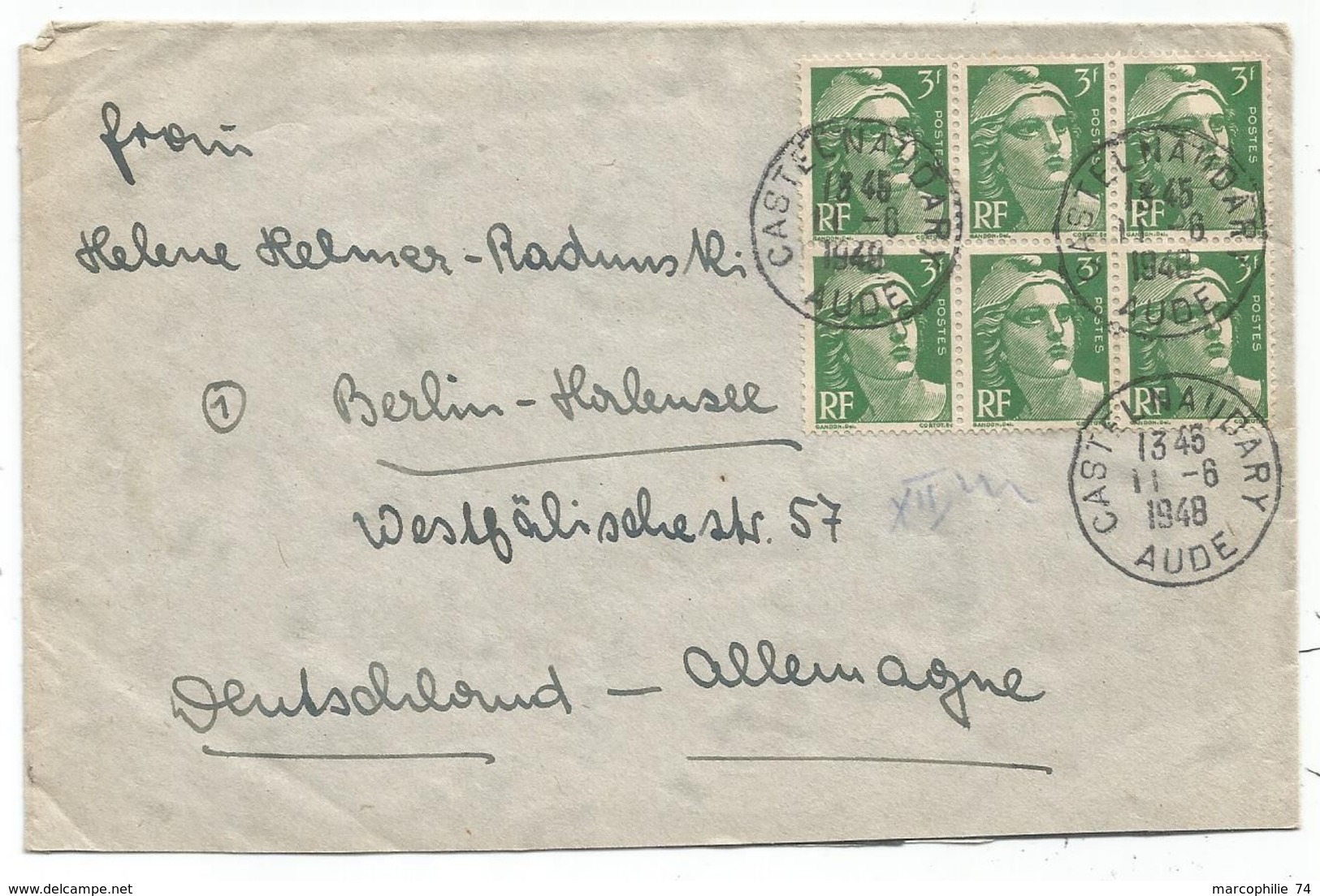 GANDON 3FR VERT BLOC DE 6 LETTRE CASTELNAUDARY 11.6.1948 POUR ALLEMAGNE AU TARIF - 1945-54 Marianna Di Gandon