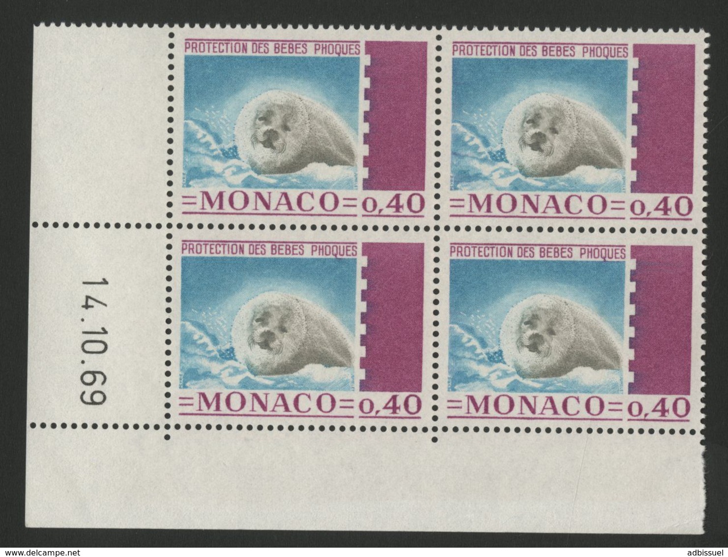 MONACO N° 815 Cote 5.6 € Bloc De 4 Neuf ** (MNH) Avec Coin Daté Du 14/10/69 "bébés Phoques" TB/VG - Unused Stamps