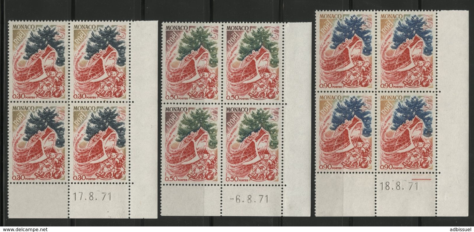 MONACO N° 871 à 873 Cote 9.6 € 3 Blocs De 4 Neufs ** (MNH) Avec Coin Daté (voir Description) "Père Noël" TB/VG - Unused Stamps