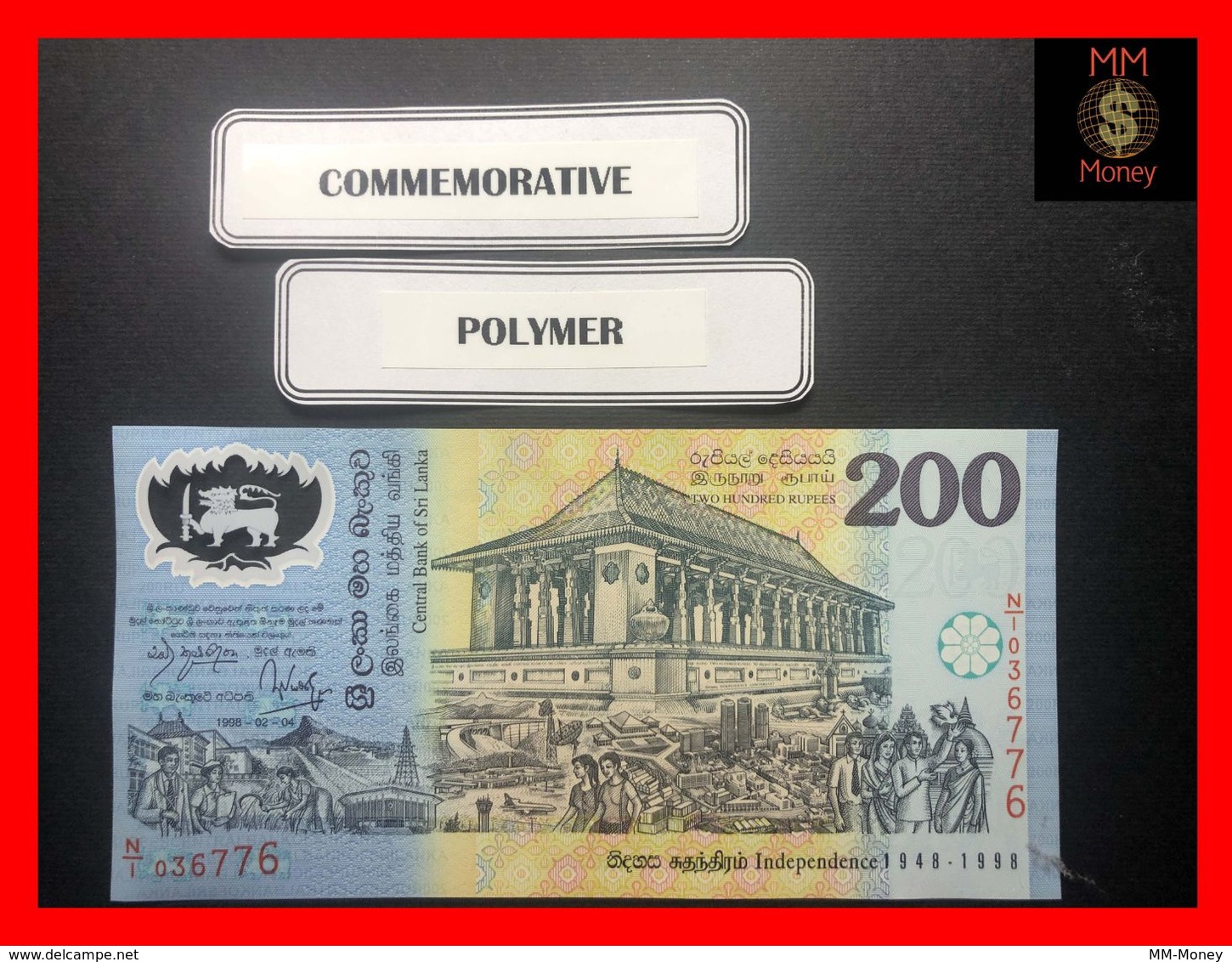 Ceylon - Sri Lanka  200 Rupees  4.2.1998  P. 114 A  *COMMEMORATIVE*  Red Serial   POLYMER  UNC - Sri Lanka