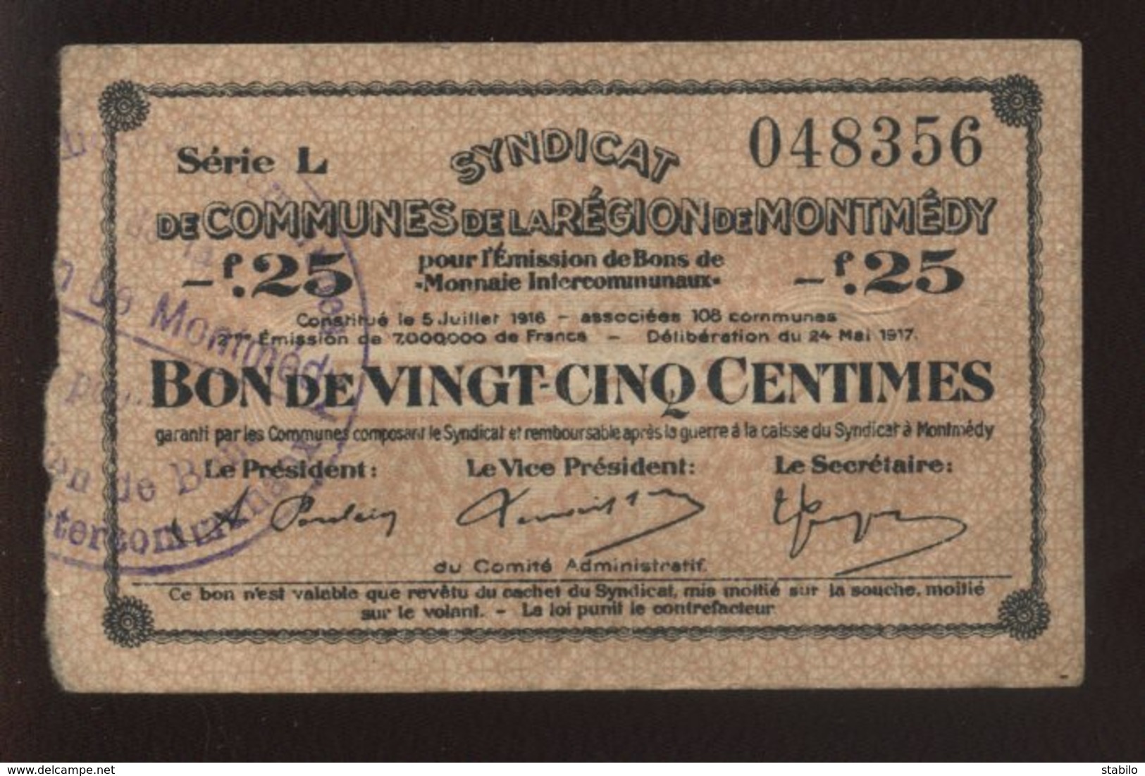 MONTMEDY (MEUSE) - BON DE 25 CENTIMES 1916 - Bonds & Basic Needs