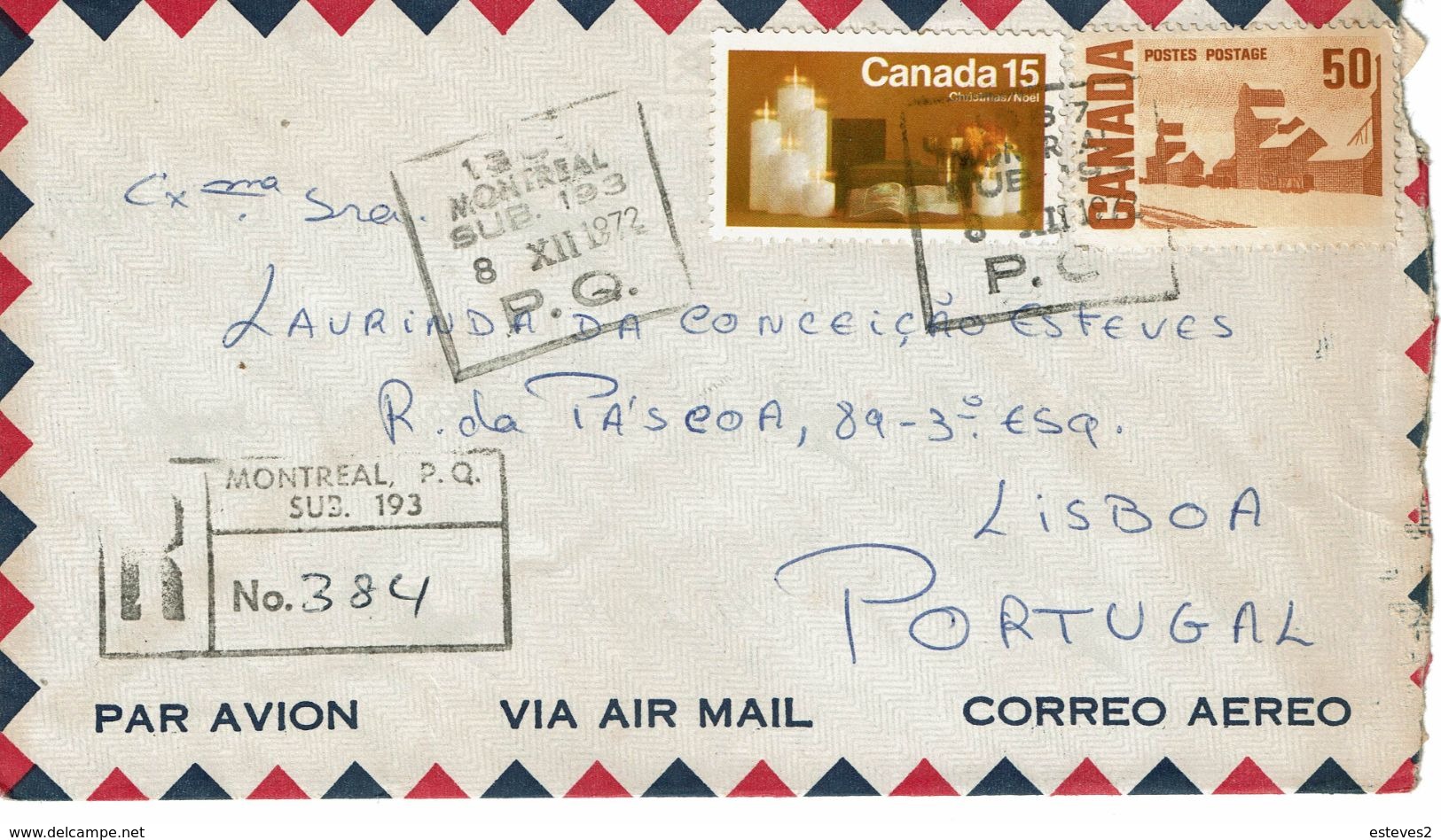 MONTREAL  PQ  , PC  And Registration  Postmarks 1972 , Christmas Stamp , Lisboa - Registration & Officially Sealed