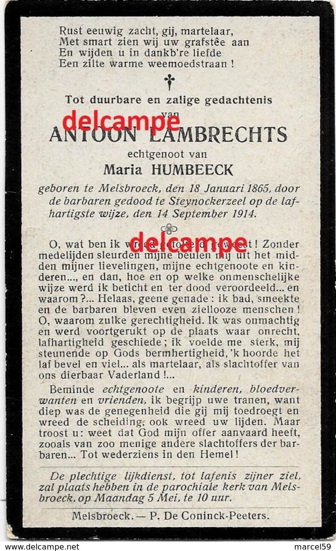 Oorlog Guerre Antoon Lambrechts Melsbroek Gesneuveld Laffelijk Geschoten Door Duitsers Te Steenokkerzeel 1914 Humbeeck - Santini