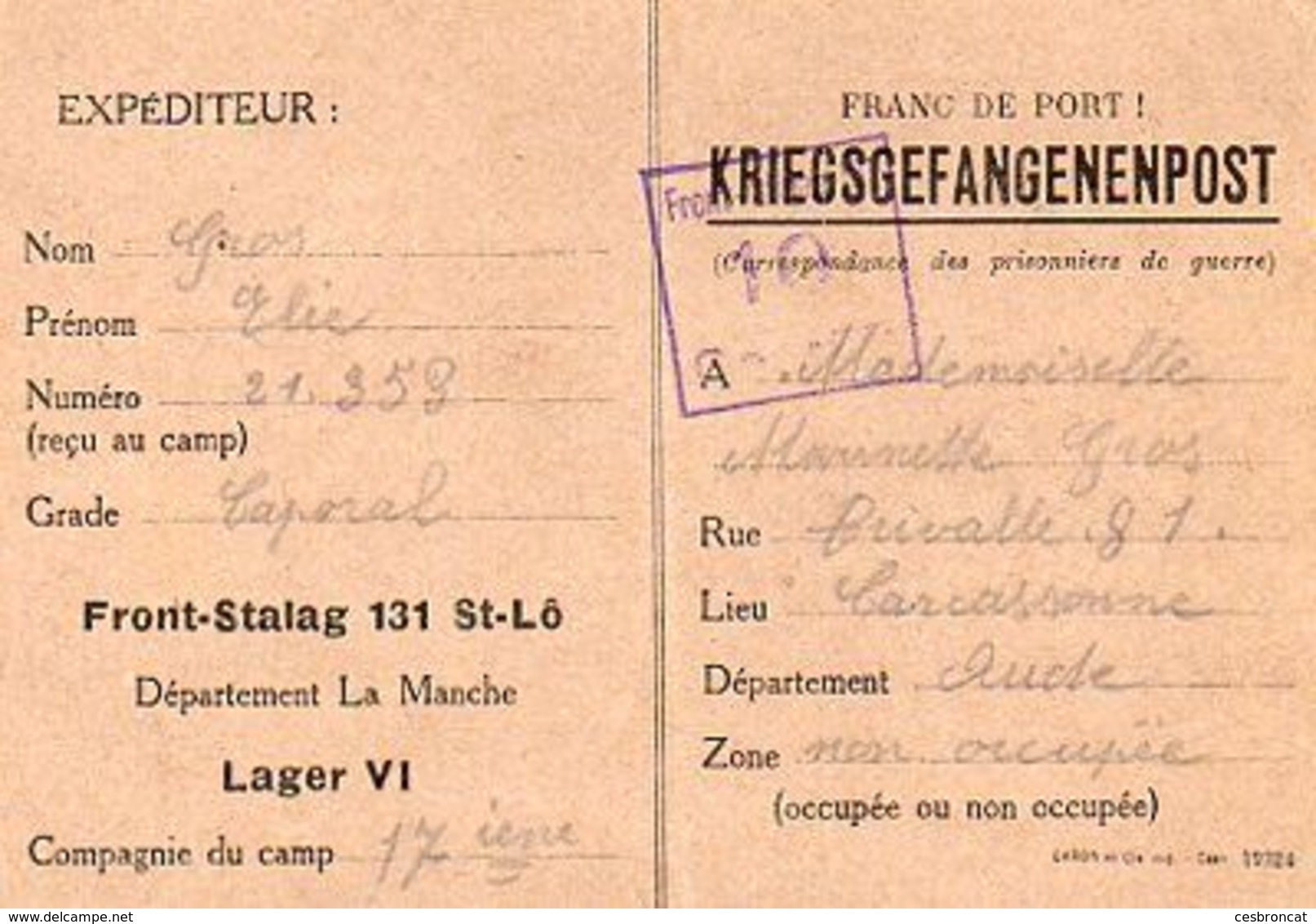C4 1940 PRISONNIER DE GUERRE FRANCAIS   Carte Spéciale Front Stalag 131 De ST LO - Guerre De 1939-45