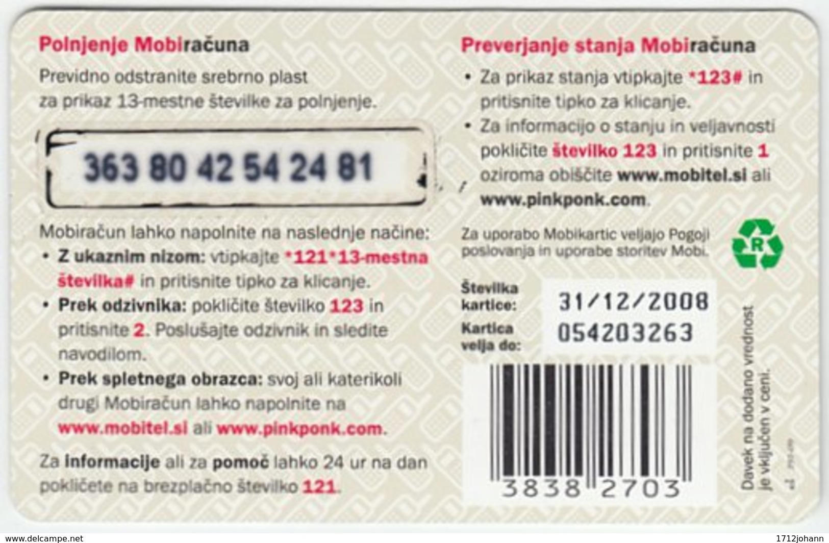 SLOVENIA B-014 Prepaid Mobi - Animal, Bird, Red-backed Shrike - Val. 31/12/2008 - Used - Slovenia