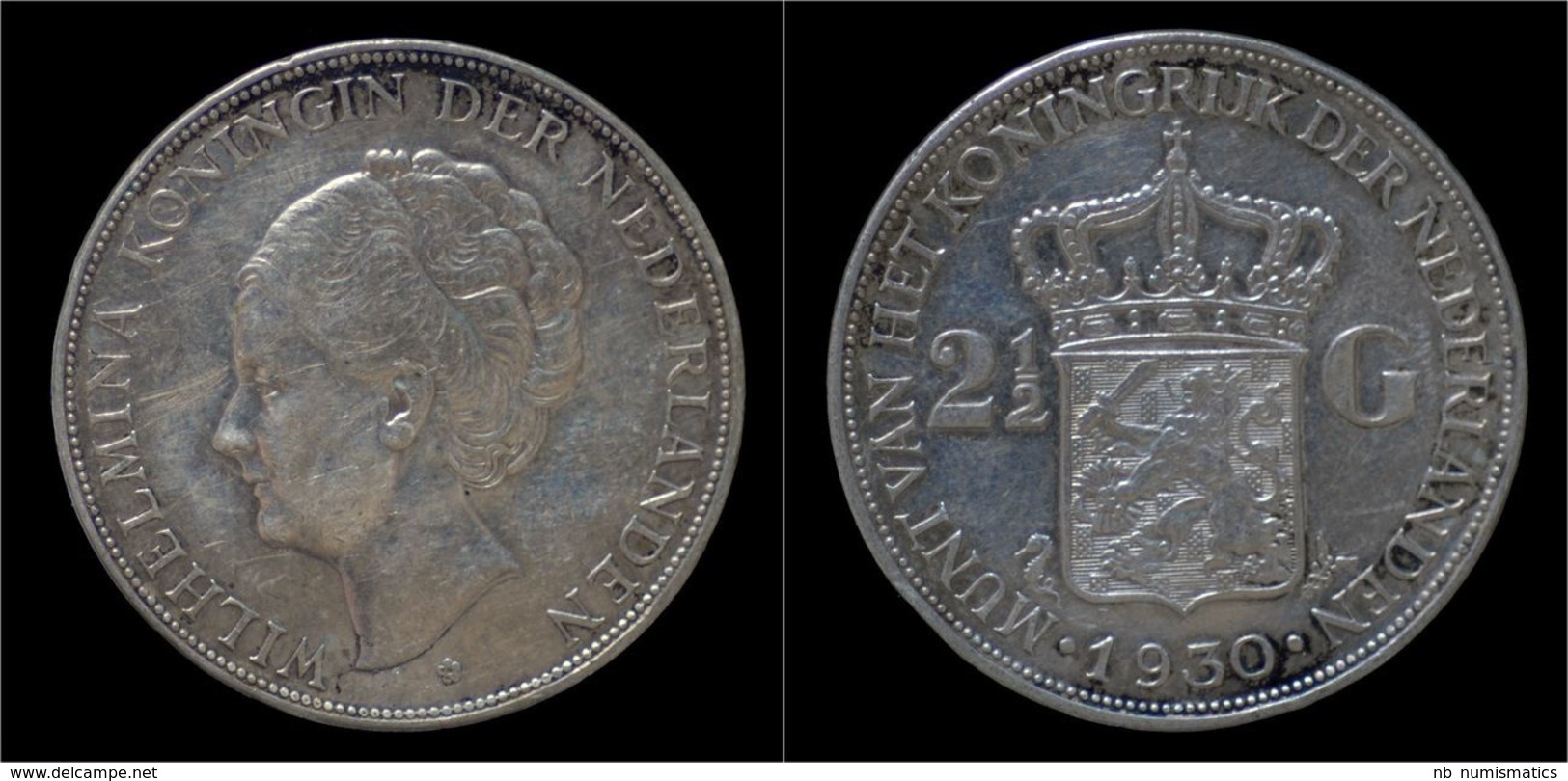 Netherlands Wilhelmina I 2 1/2 Gulden(rijksdaalder)1930 - 2 1/2 Florín Holandés (Gulden)