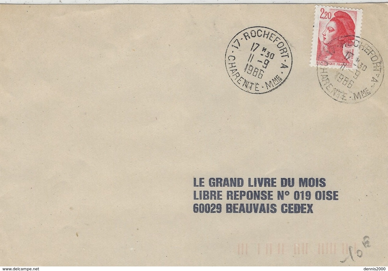 1986 - Env. Affr. 2,20 F Oblit. Cad 17-ROCHEFORT-A / CHARENTE-Mme - 1961-....