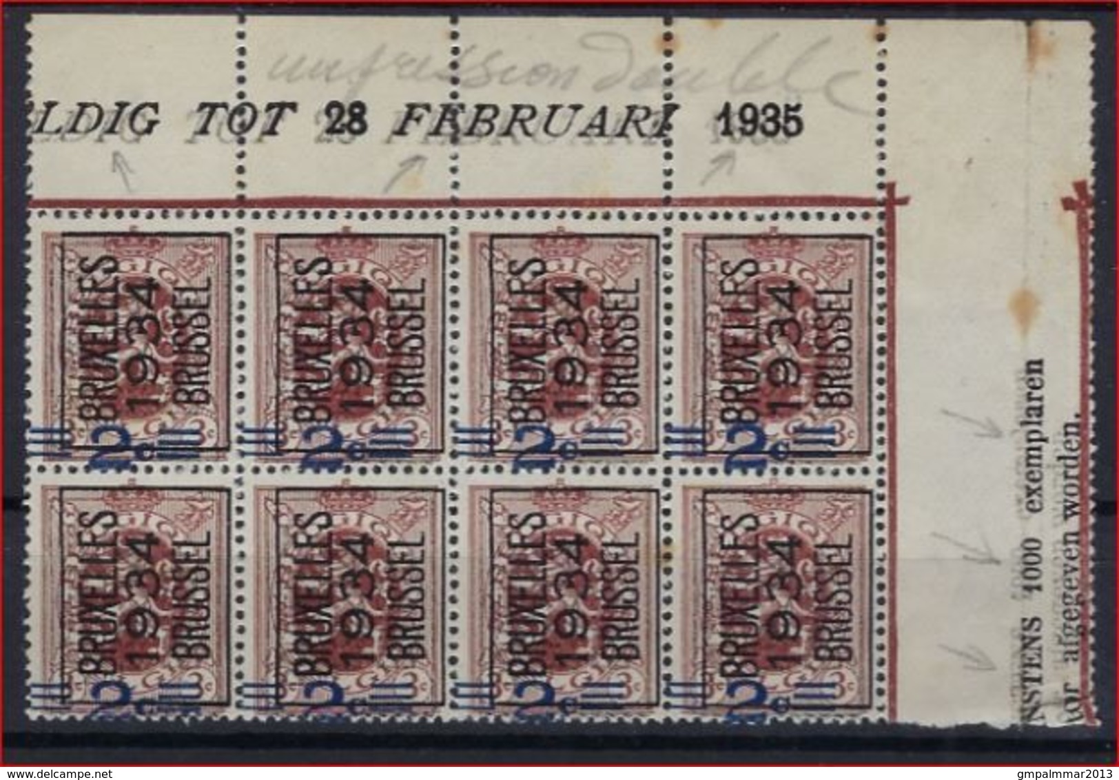 TYPO Nr. 272 A BRUXELLES 1934 BRUSSEL In Blok Van 8 ** MNH Met DUBBELDRUK , Nr. 272F Met Lichte Roestvorming + CU ! - Typografisch 1929-37 (Heraldieke Leeuw)