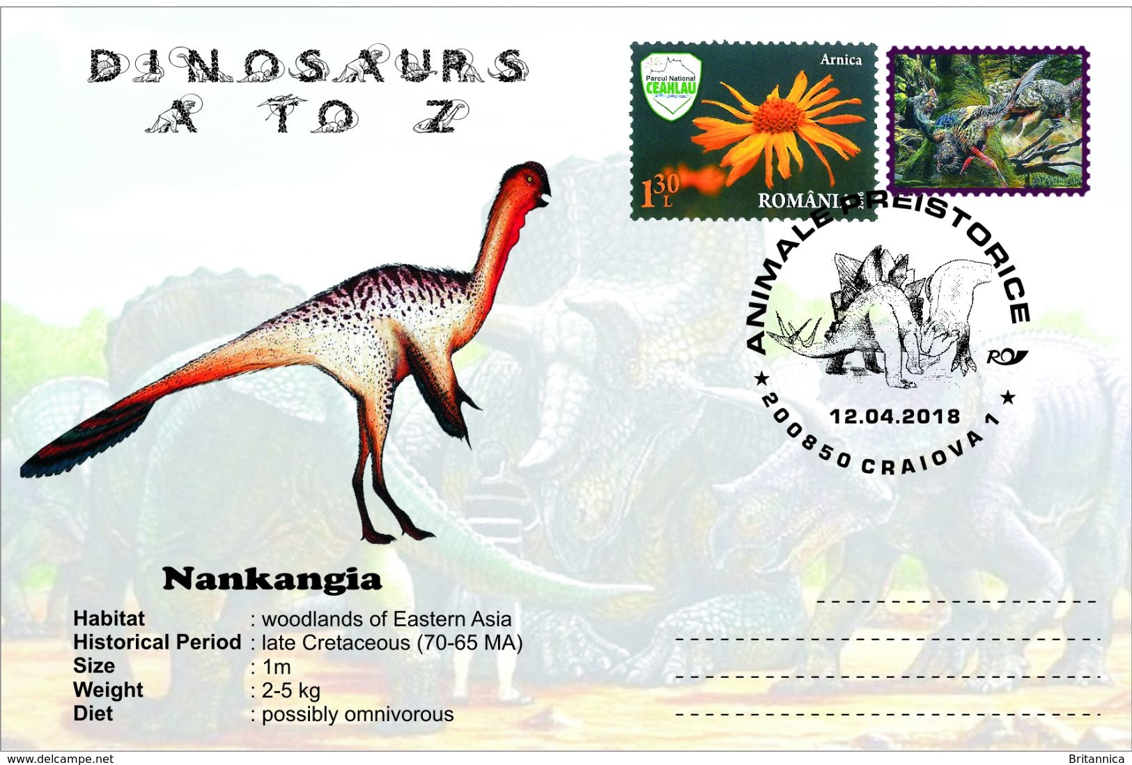 Entiere Speciale, Roumanie, 2018, Animaux Prehistoriques, Dinosaurus A To Z, Nankangia - Preistorici