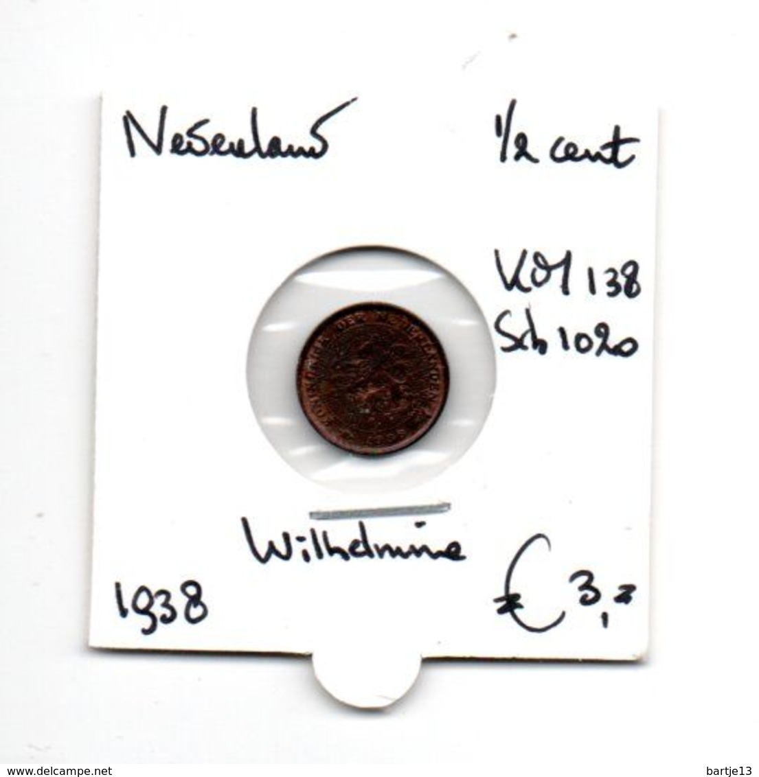 NEDERLAND 1/2 CENT 1938 WILHELMINA - 0.5 Centavos