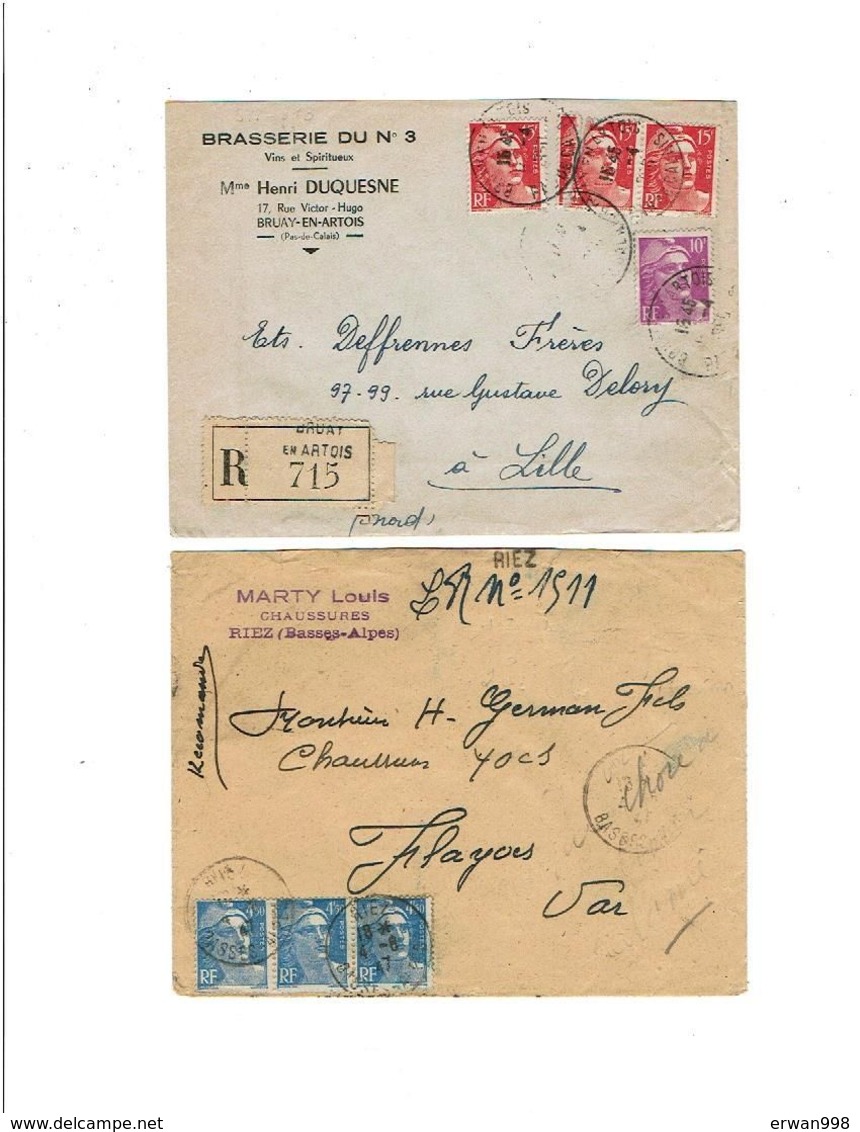 04 RIEZ (LR Provisoire) & 62 BRUAY Timbres GANDON YT 718A-811-813 S/ Lettre 742 - 1921-1960: Période Moderne