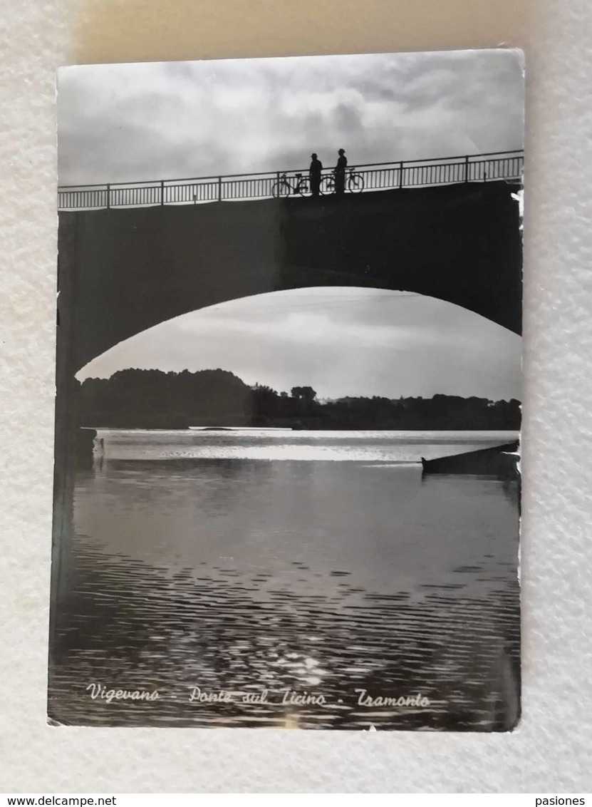 Cartolina Illustrata Vigevano - Ponte Sul Ticino - Tramonto, Per Firenze 1955 - Vigevano