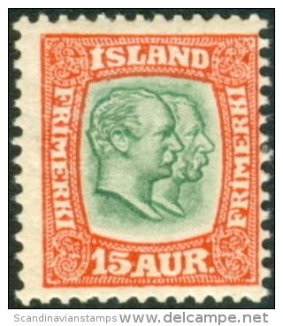 IJSLAND 1907-08 15aur Twee Koningen WM Kroon PF-MNH - Nuevos