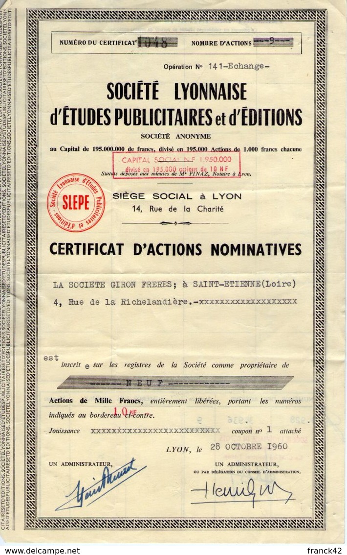 Société Lyonnaise D'études Publicitaires Et D'éditions. Certificat D'actions Nominatives. Société Giron Frères - J - L