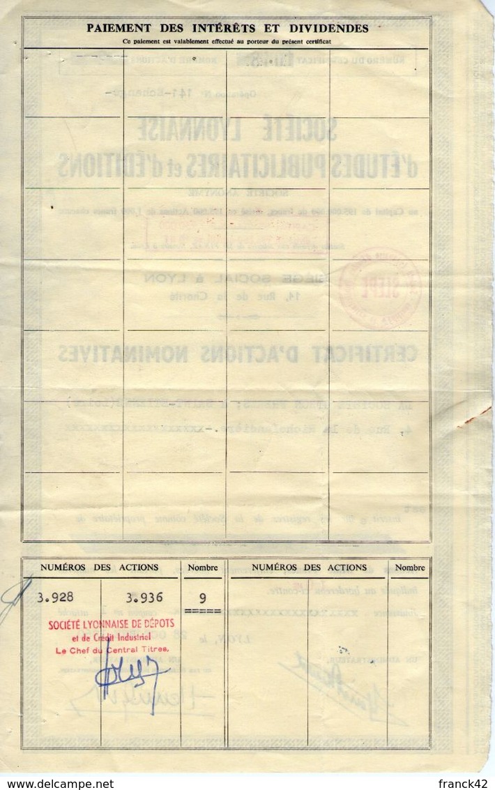 Société Lyonnaise D'études Publicitaires Et D'éditions. Certificat D'actions Nominatives. Société Giron Frères - J - L