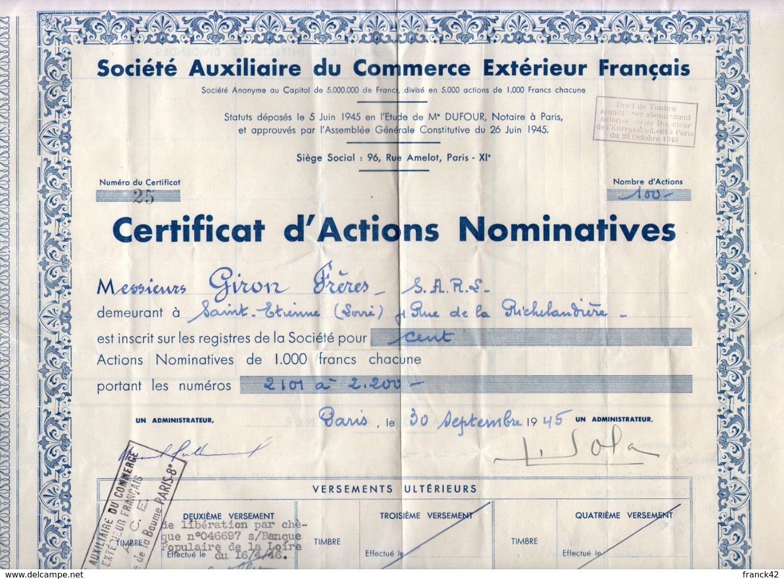 Société Auxiliaire Du Commerce Français. Certificat D'actions Nominatives. Société Giron Frères - A - C