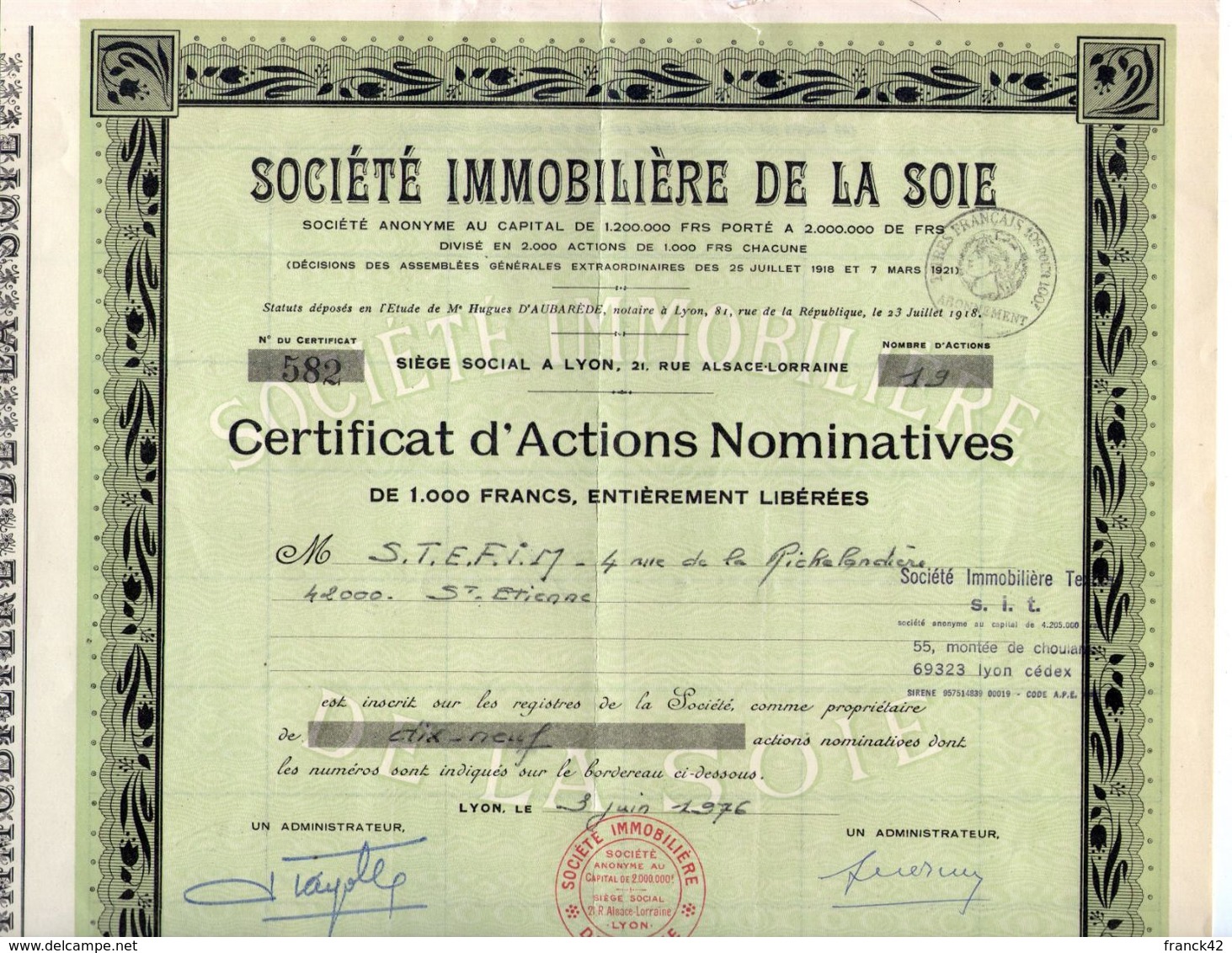 Société Immobilière De La Soie. Certificat D'actions Nominatives. Société Giron Frères - Textil