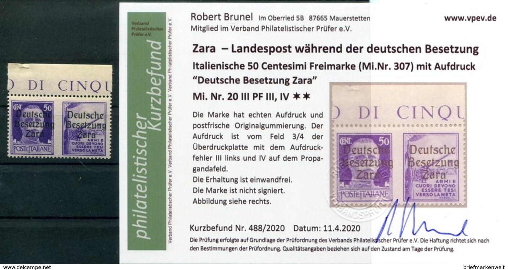 Zara 20III PFIII-IV LUXUS ** POSTFRISCH+gepr. Befund -,-EUR (H5678 - German Occ.: Zara