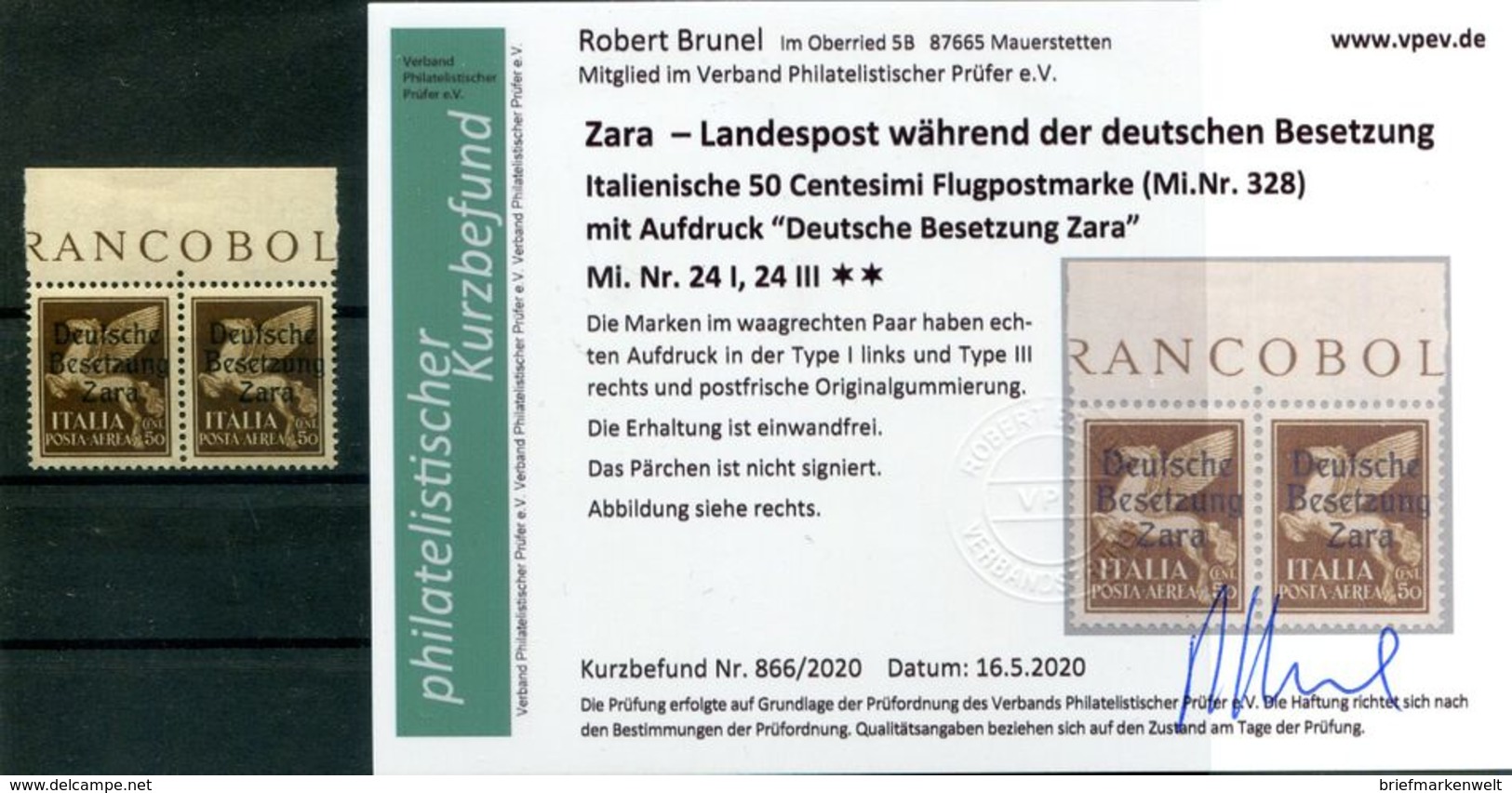 Zara 24I+III TYPENPAAR ** POSTFRISCH+gepr. Befund 240EUR (H6779 - German Occ.: Zara