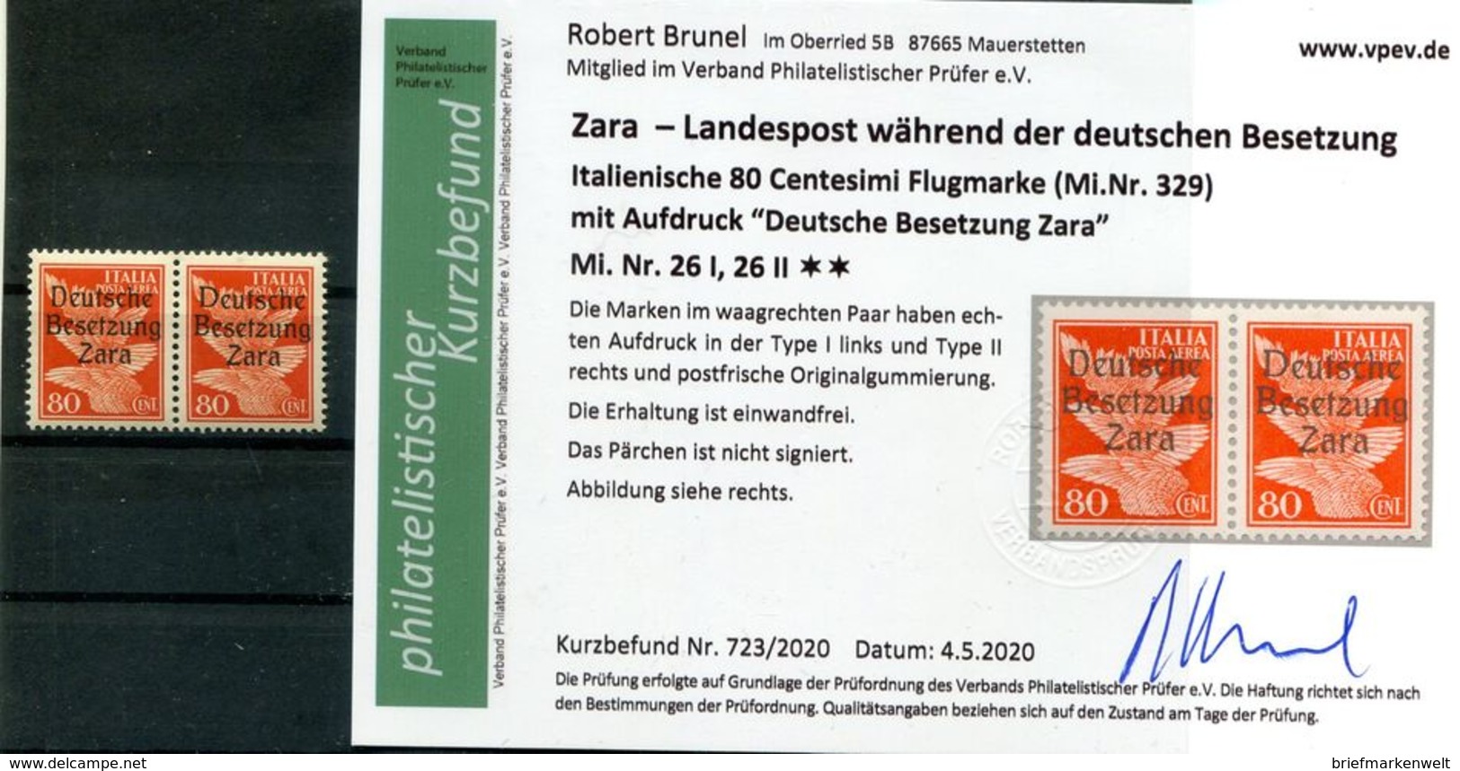 Zara 26I+II ABART ** POSTFRISCH+gepr. Befund 150++EUR (H6876 - Occ. Allemande: Zara