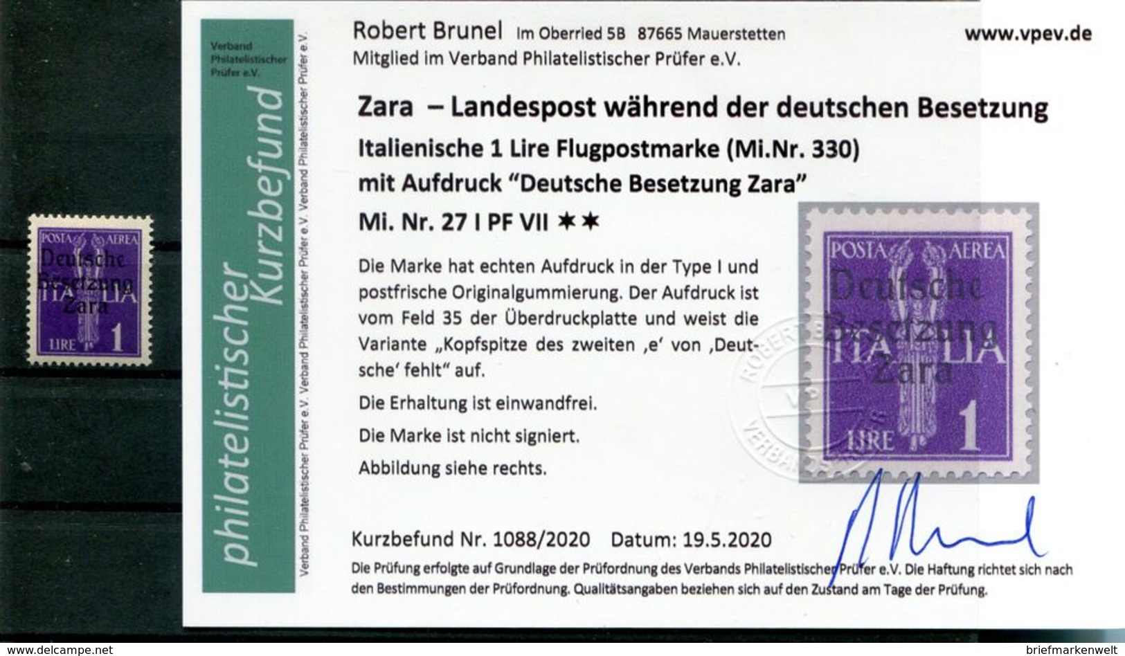 Zara 27 PFVII ABART ** POSTFRISCH Befund 240EUR (H6795 - Deutsche Bes.: Zara