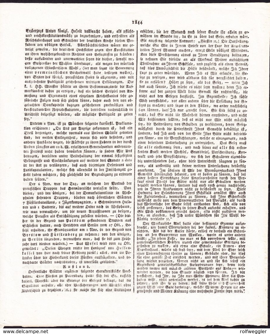 1801 Allgemeine Zeitung. Miscellen Aus England, Grossbritanien, Frankreich, Deutschland Und Russland. - Autres & Non Classés