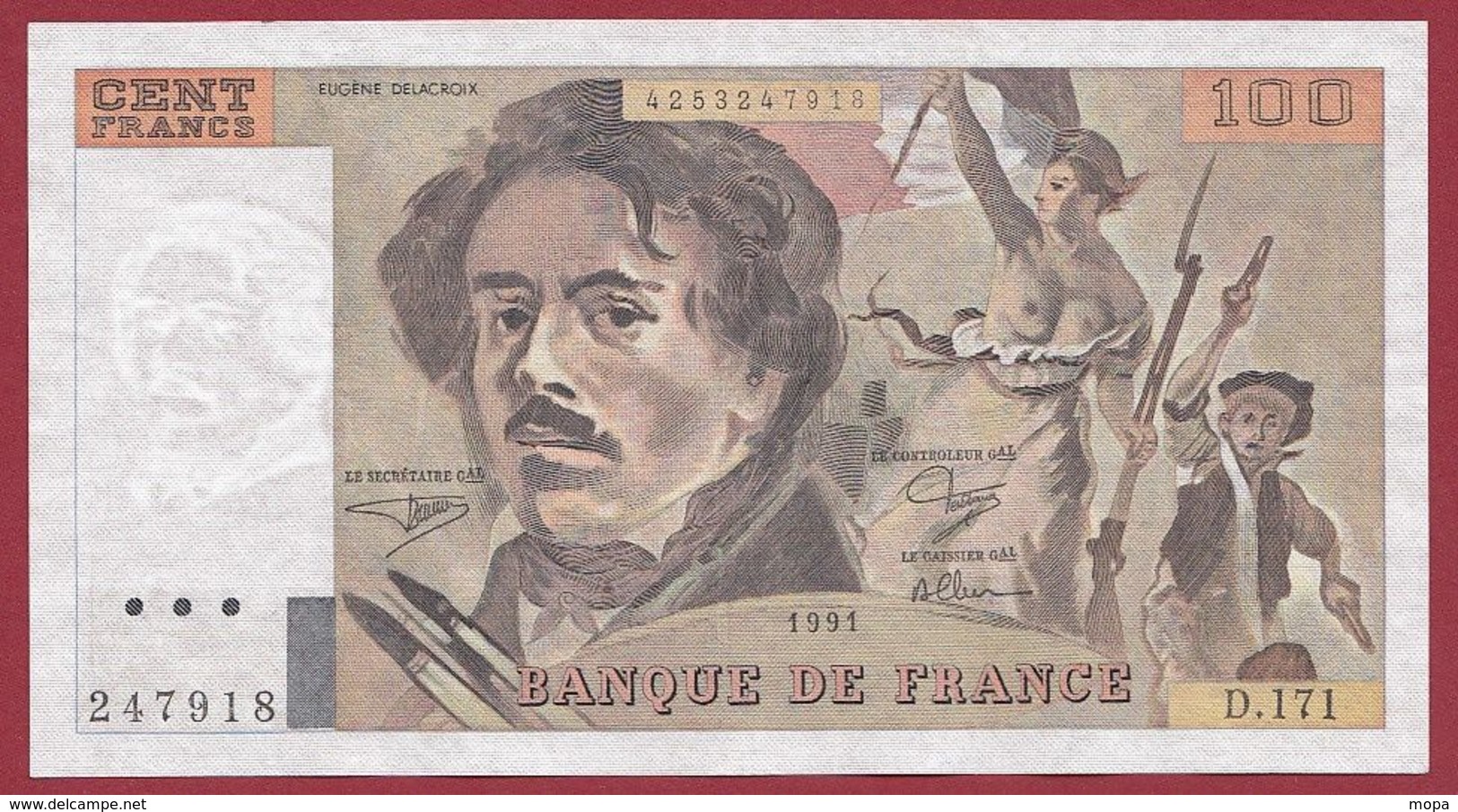 100 Francs "Delacroix" 1991 ----SUP----ALPH.D.171---AUCUN TROU D EPINGLE - 100 F 1978-1995 ''Delacroix''