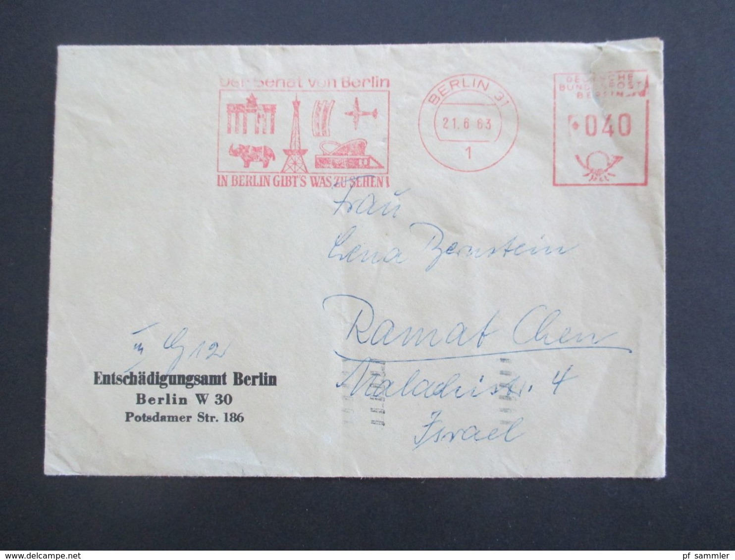 1963 Roter AFS Der Senat Von Berlin / In Berlin Gibt Es Was Zu Sehen. Entschädigungsamt Berlin Nach Israel Gesendet!! - Storia Postale