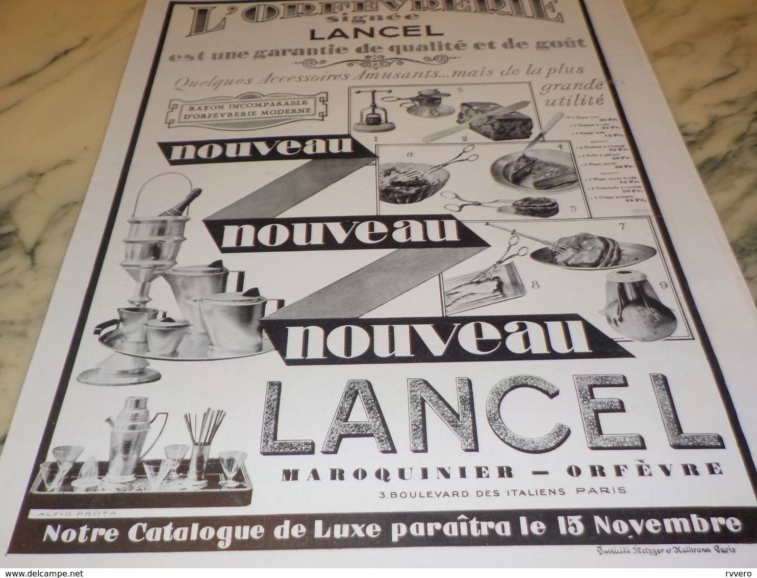 ANCIENNE PUBLICITE ORFEVRERIE SIGNEE  LANCEL 1928 - Matériel