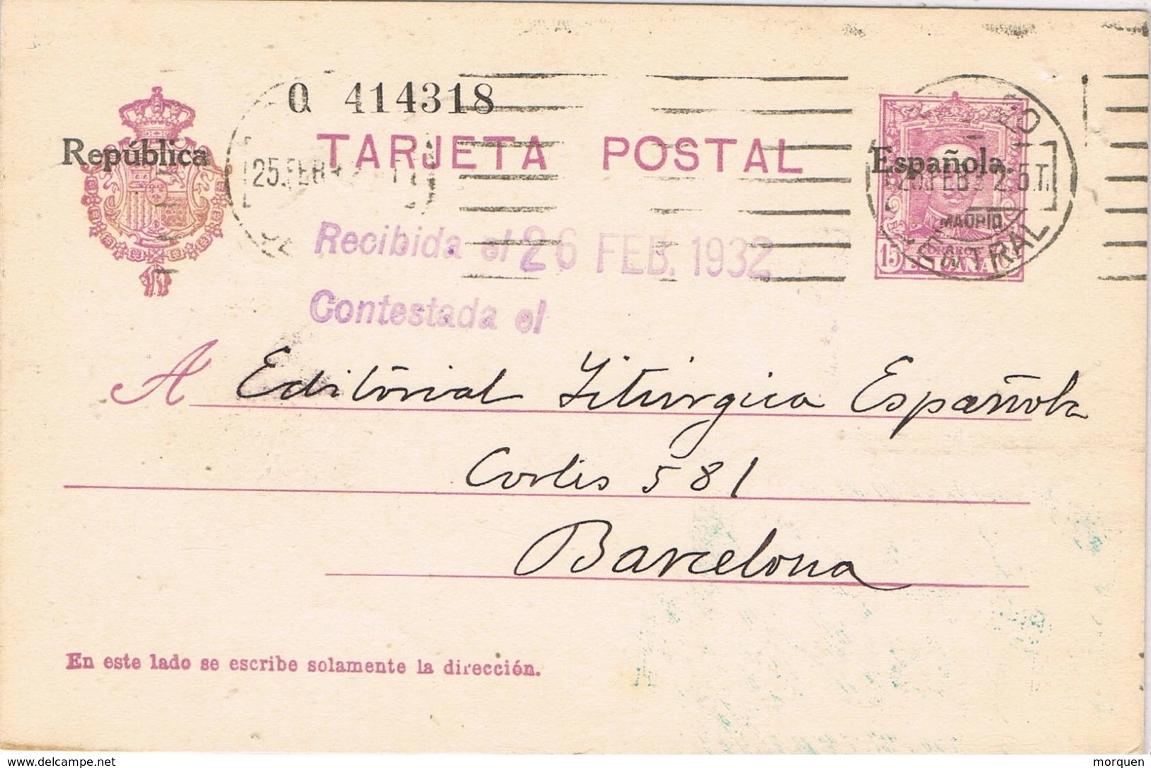 36807. Entero Postal MADRID 1932, Habilitado Republica, Num 61 º. Rodillo Mudo - 1931-....