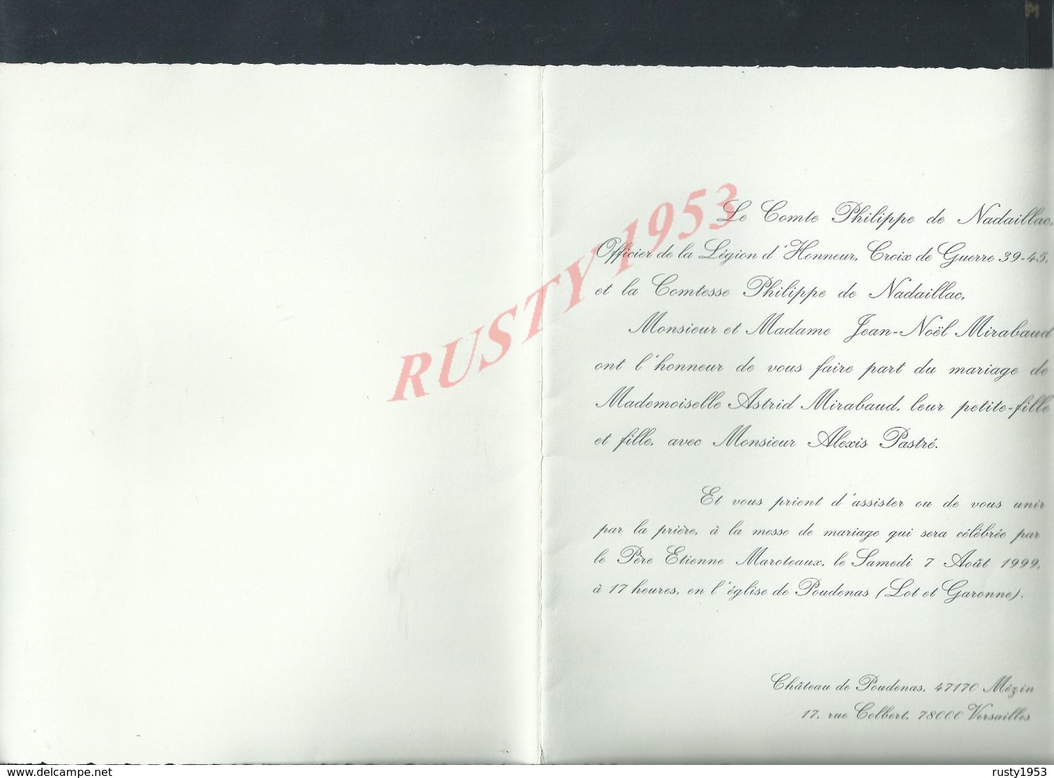 FAIRE PART DE MARIAGE LE COMTE & Md PHILIPPE DE NADAILLAC CROIX DE GUERRE 39/45 CHÂTEAU POUDENAS MÉZIN X VERSAILLES : - Mariage