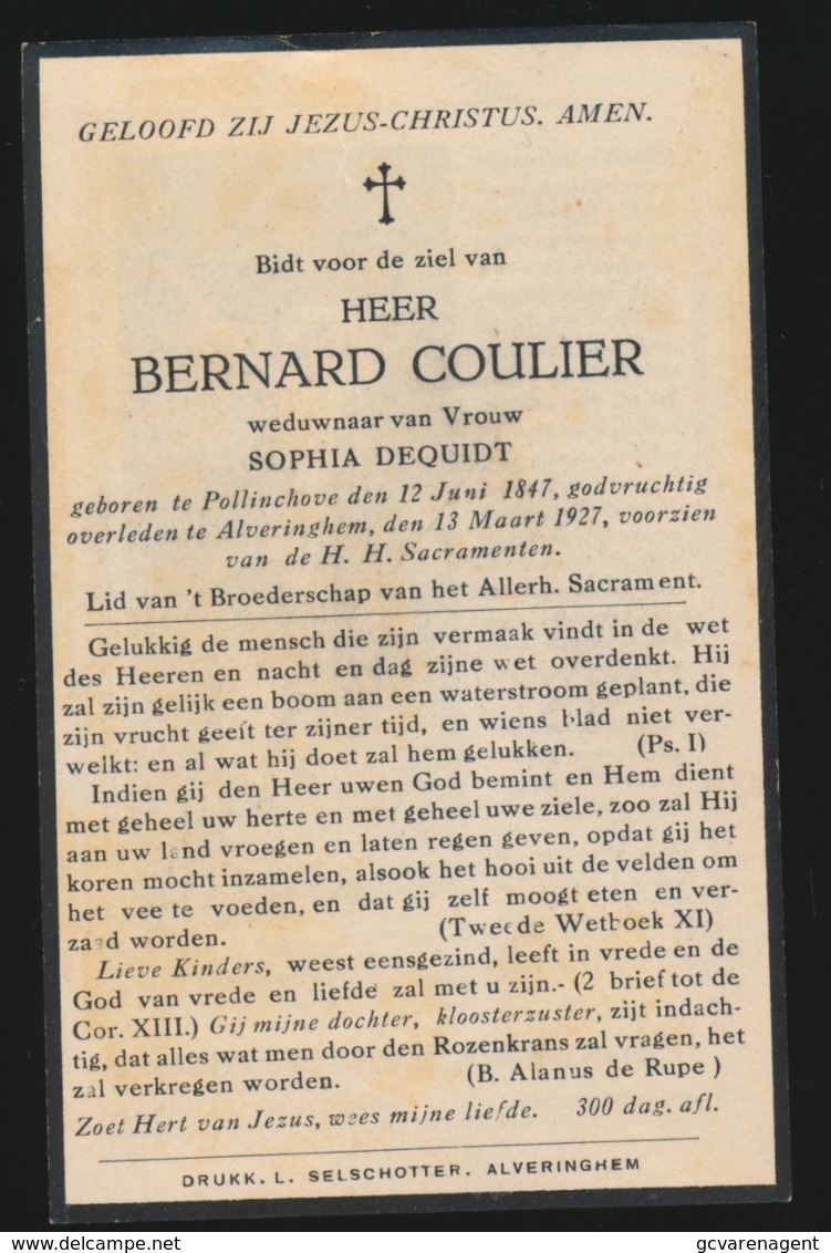 BERNARD COULIER   POLLINCHOVE  1847          ALVERINGHEM  1927 - Obituary Notices