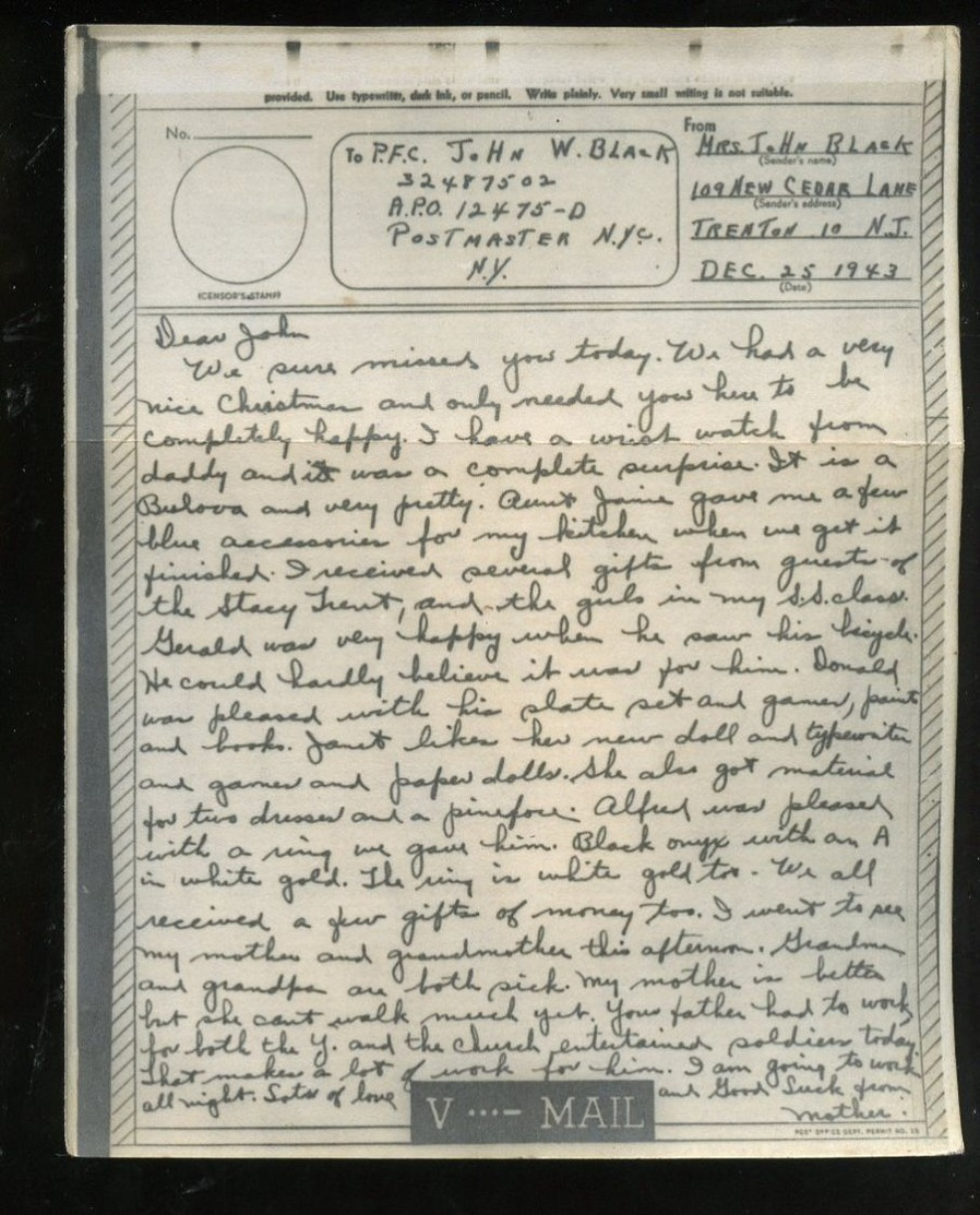 V-mail WWII Dec 1943 APO 12475D John W. Black 32487502 (V-1m) - Documents Historiques