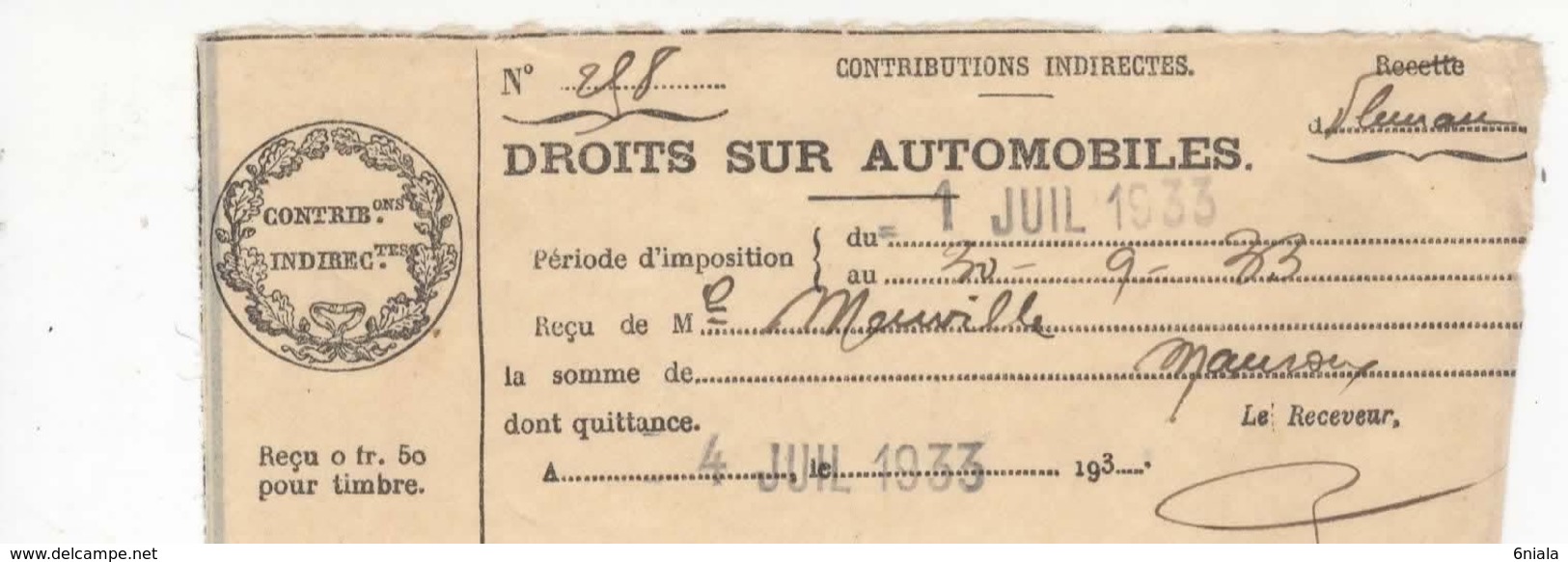 1584 32 Fleurance Droits Sur Automobile  Gers Impôts Contributions Indirectes 4 Juillet 1933 - Other & Unclassified