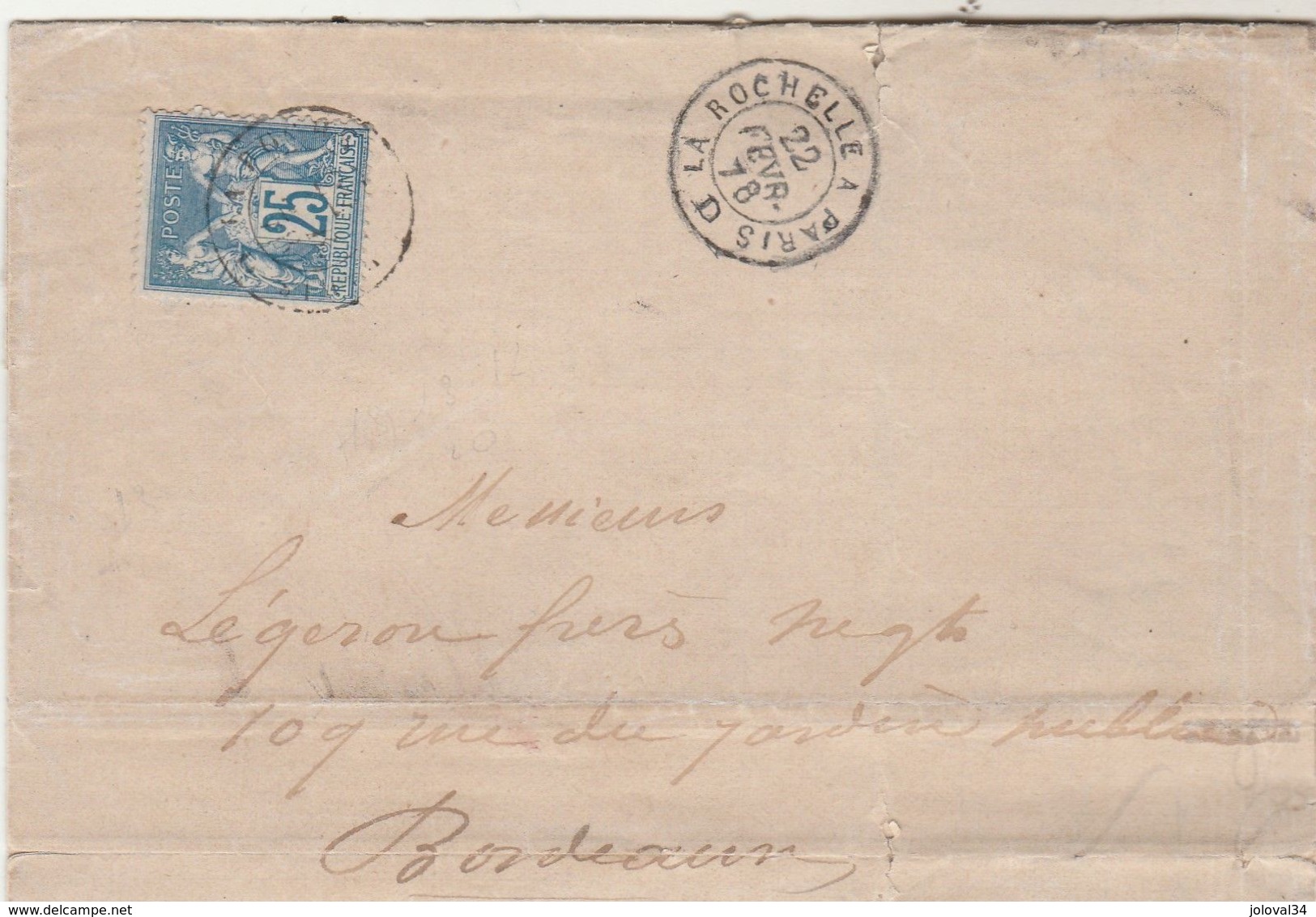 Yvert 79 Sage Sur Lettre Oblitération Cachet Ambulant La Rochelle à Paris D 22/2/1878 Pour Bordeaux - 1877-1920: Periodo Semi Moderno