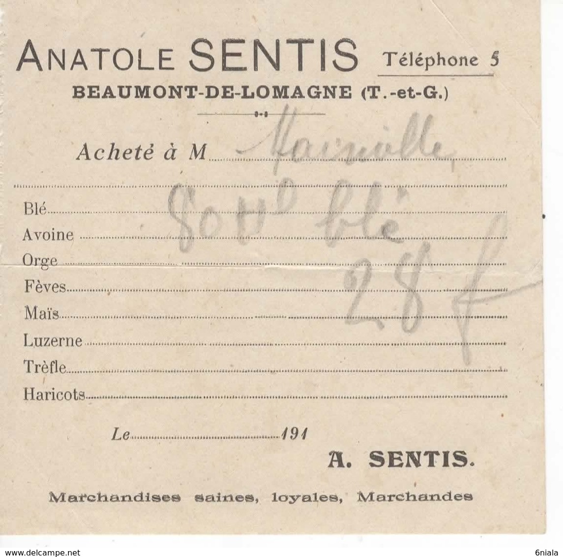 1590 Ticket  Bon VENTE  Blé  Anatole SENTIS à Beaumont De Lomagne 82 Tarn Et Garonne - Agriculture