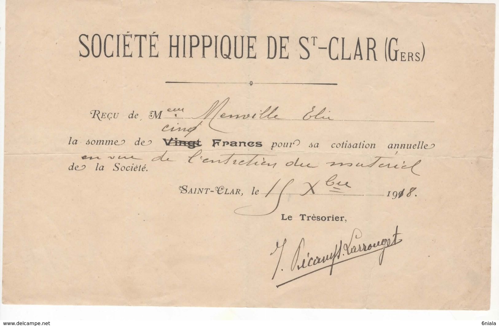 1592 Reçu 1918  Cotisation Entretien Du Matériel Société Hippique De St CLAR GERS 32  Trésorier Décamps Larrouget - Agricoltura