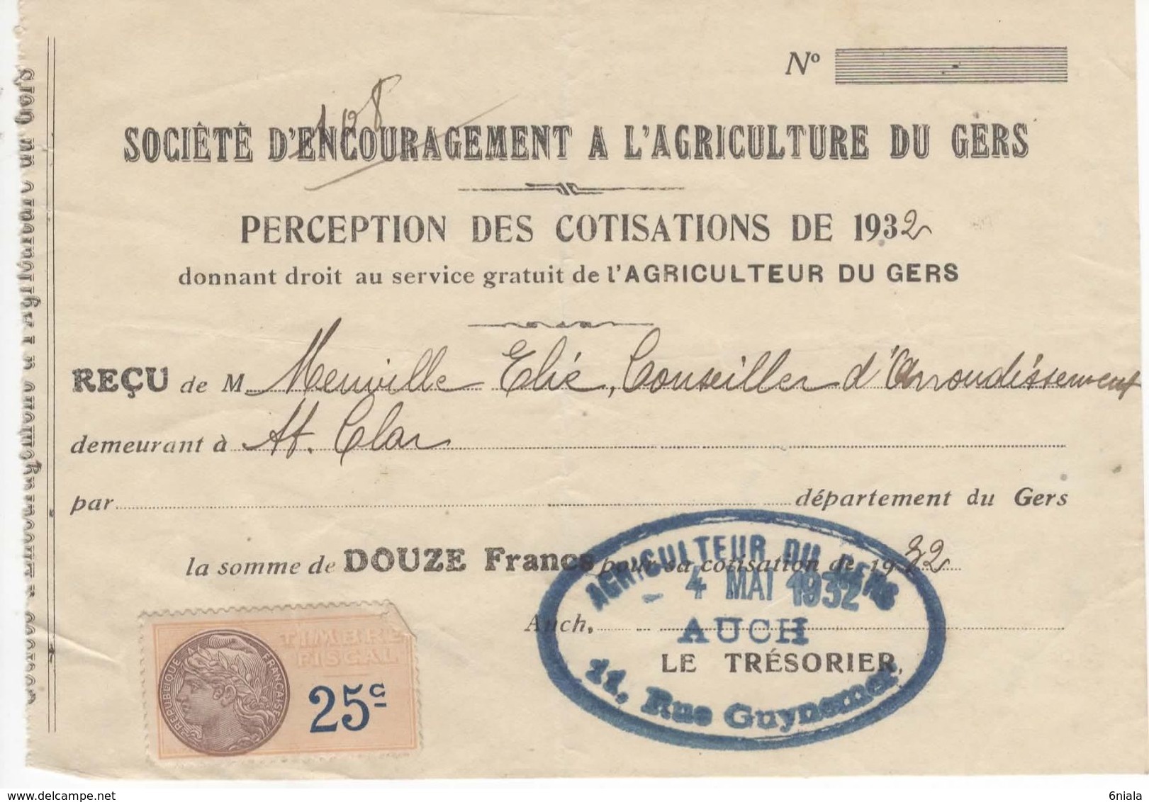 1593 REÇU Cotisation Société Encouragement A L'agriculture Du GERS 4 Mai 1932 AUCH 32 Timbre Fiscal Agriculteur  Gers - Landwirtschaft