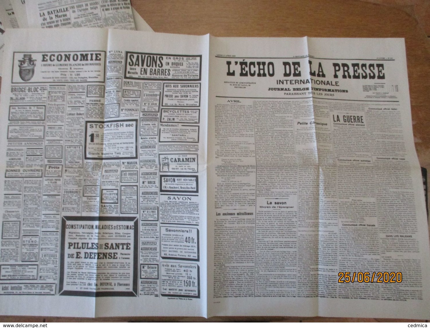 FAC-SIMILE DU JOURNAL L'ECHO DE LA PRESSE INTERNATIONALE JOURNAL BELGE D'INFORMATIONS DU LUNDI 17 AVRIL 1916 - Français