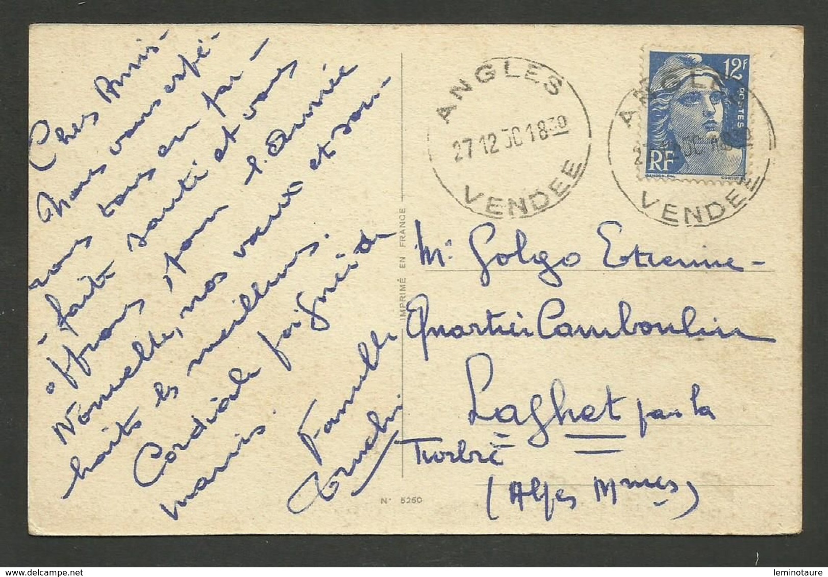 VENDEE / Cachet Horoplan ANGLES Marianne De Gandon / Carte Postale 27.12.1950 - Cachets Manuels