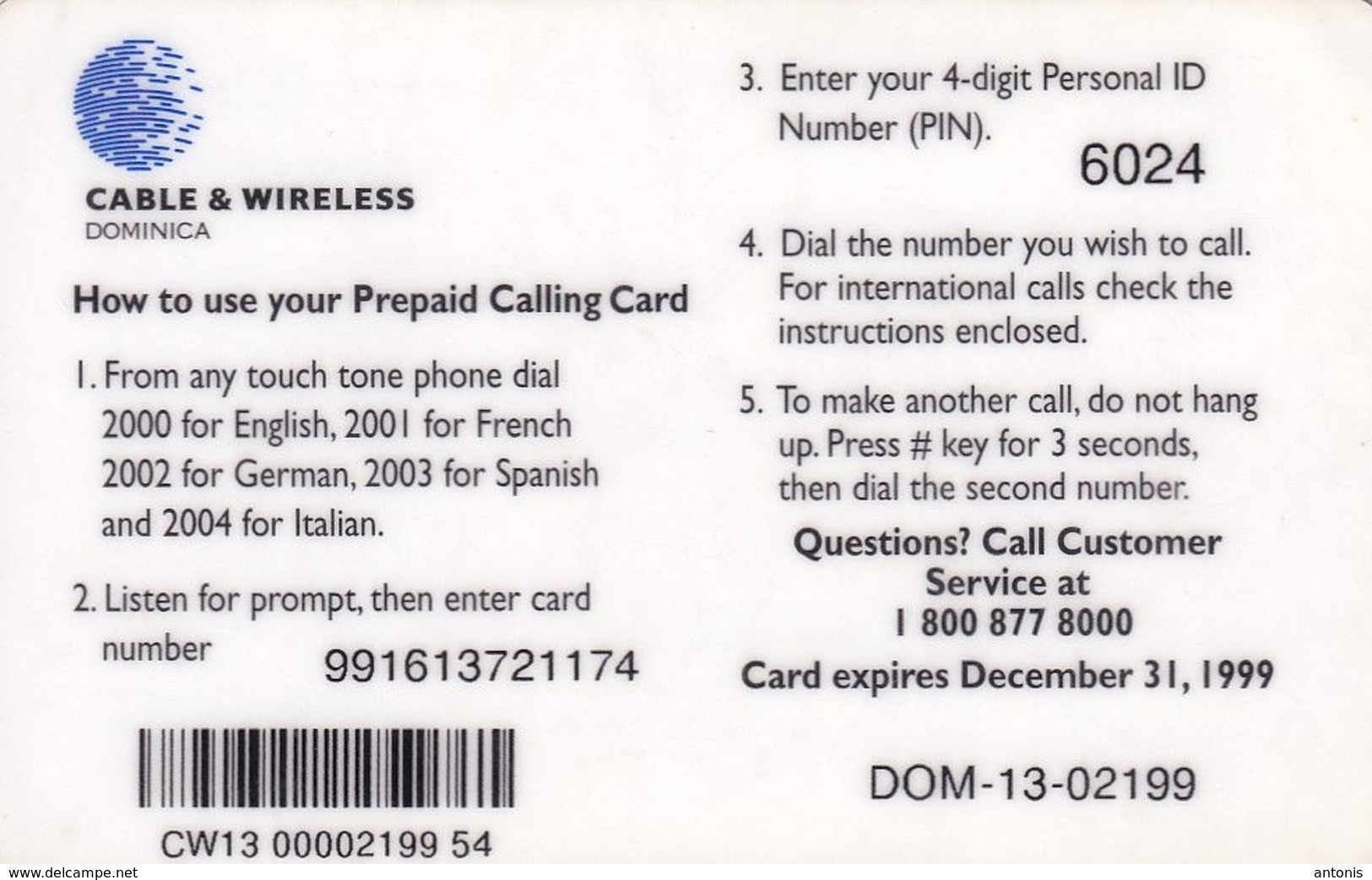 DOMINICA - C&W Prepaid Card $10, CN : DOM-13, Exp.date 31/12/99, Used - Dominique