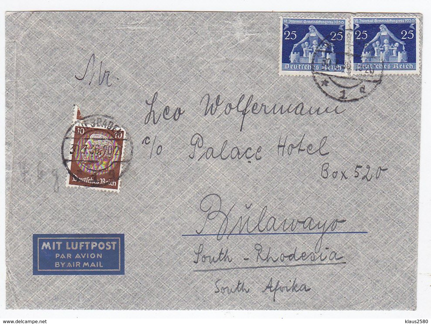 Deutsches Reich FLP-Brief Mit MIF Von Wiesbaden Nach Bulawayo Süd-Rhodesien - Lettres & Documents