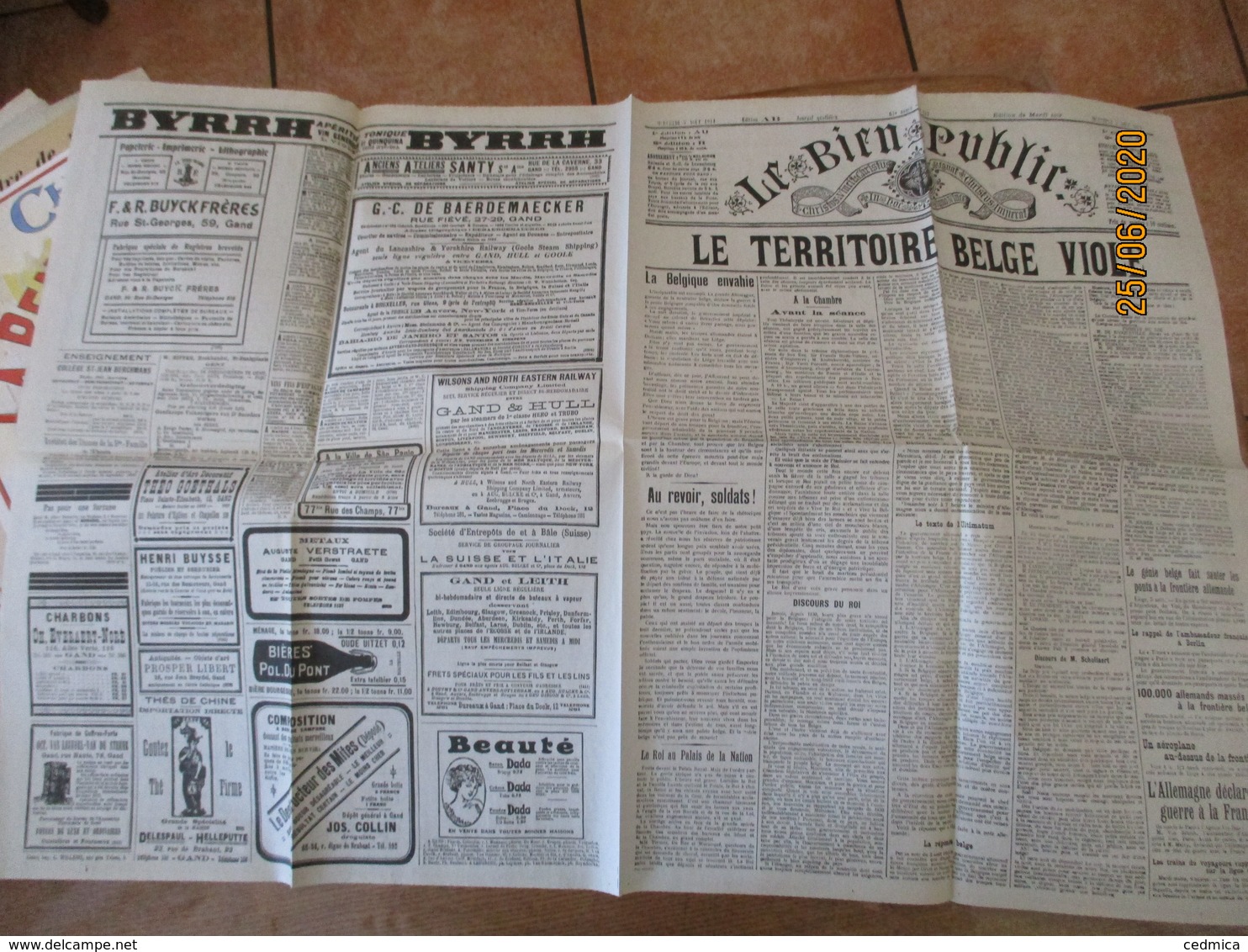 FAC-SIMILE DU JOURNAL LE BIEN PUBLIC DU 5 AOUT 1914 LE TERRITOIRE BELGE VIOLE - Francés